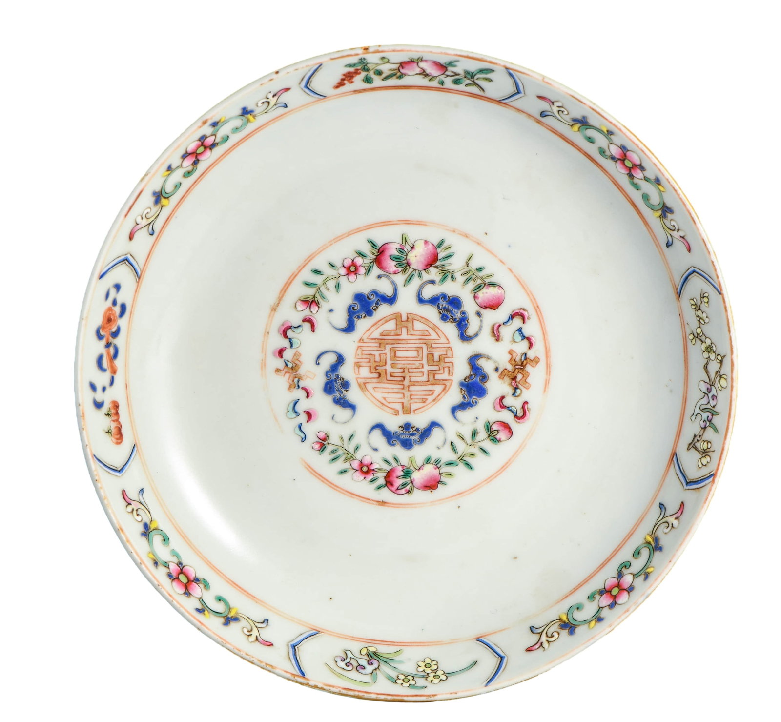 FAMILLE ROSE 'FIVE BATS HOLDING A SHOU' DISH (1 of 6)