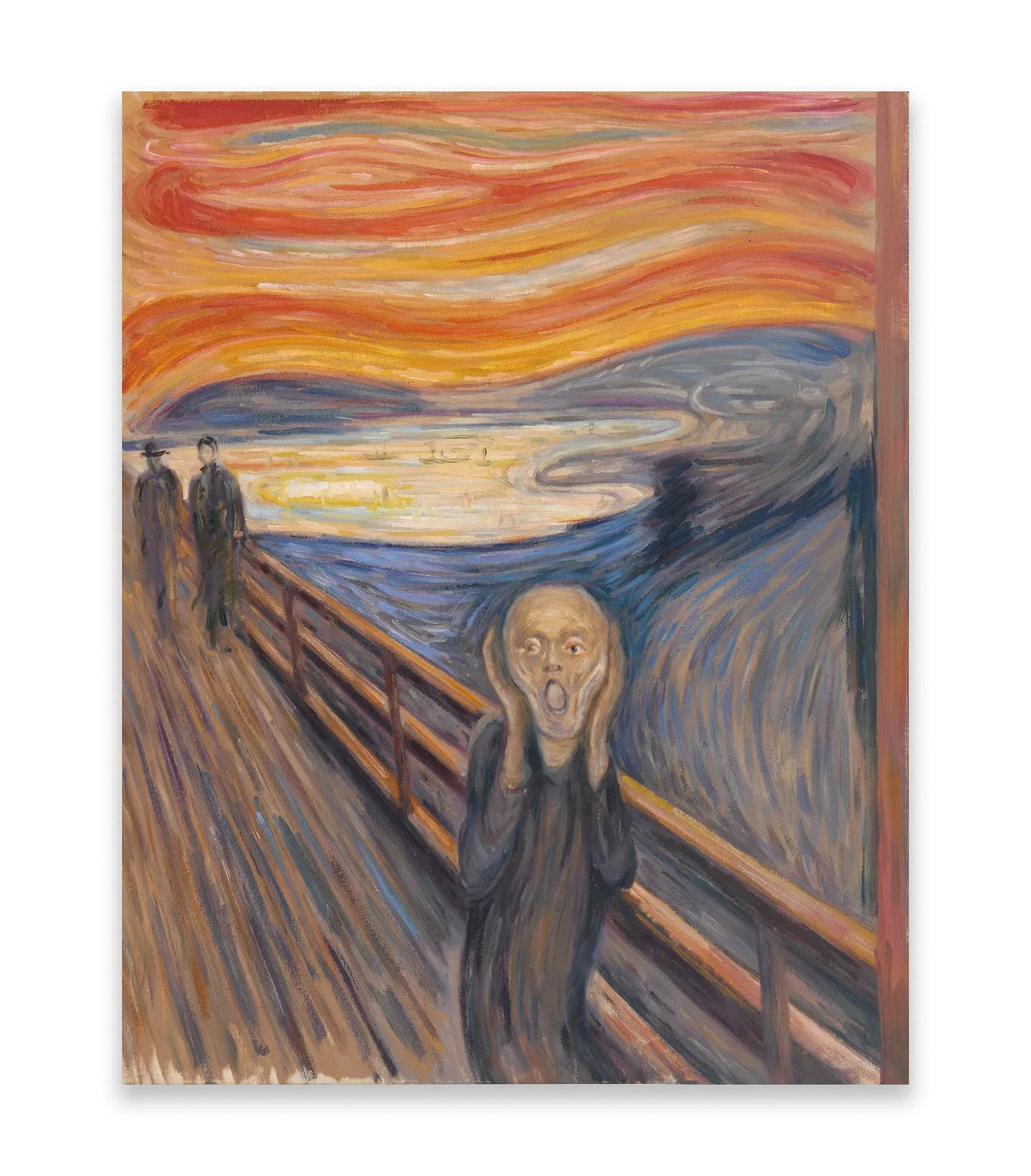 EDVARD MUNCH (1863-1944), IN THE STYLE OF, OIL ON CANVAS: Oil on canvas. The work depicts a central figure positioned along a bridge-like structure, with hands raised toward the face. The surrounding environment contains bands of red, orange, and blue. Dimen
