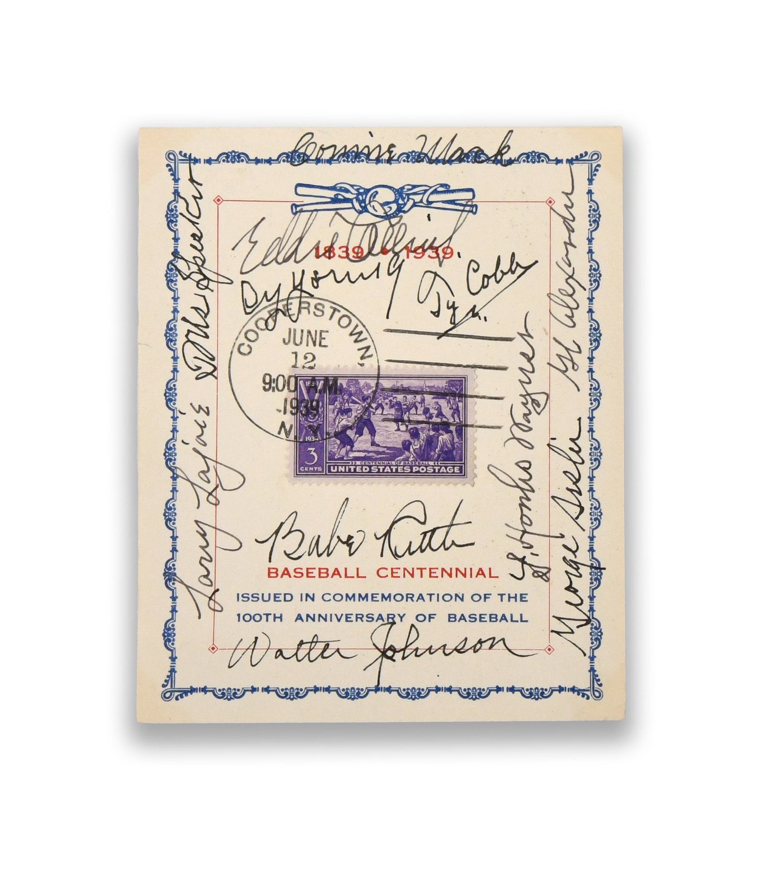 BASEBALL CENTENNIAL FIRST DAY COVER BEARING SIGNATURES ATTRIBUTED TO HALL OF FAME PLAYERS (1 of 2)