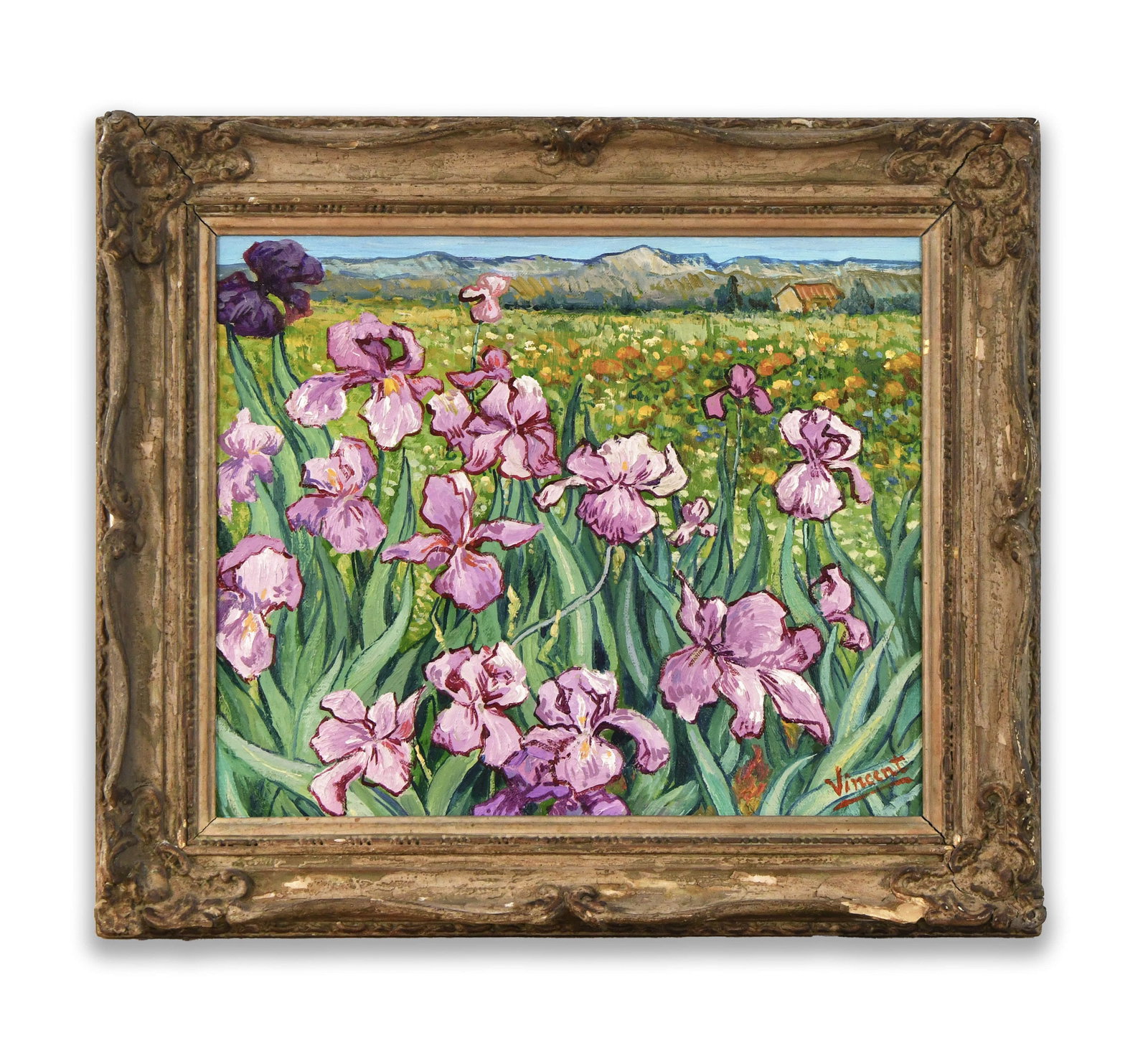 VINCENT VAN GOGH (1853-1890), IN THE STYLE OF, OIL ON CANVAS: Oil on canvas. The painting presents a foreground of irises with elongated leaves and curling petals. The middle ground opens into a colored field dotted with flowers, while a small structure and low