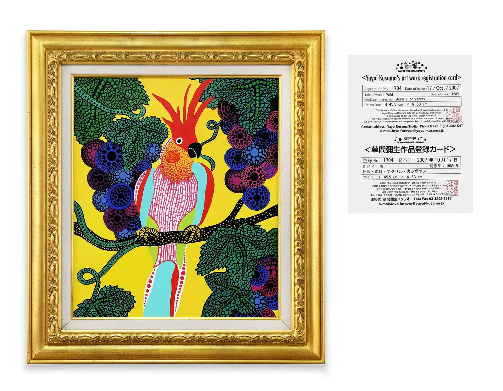 YAYOI KUSAMA (B. 1929), ATTRIBUTED TO, ACRYLIC ON CANVAS: Acrylic on canvas. The composition centers on a stylized parrot perched among foliage and botanical forms, executed in high-contrast colors including yellow, green, crimson, and turquoise. Dimensions:
