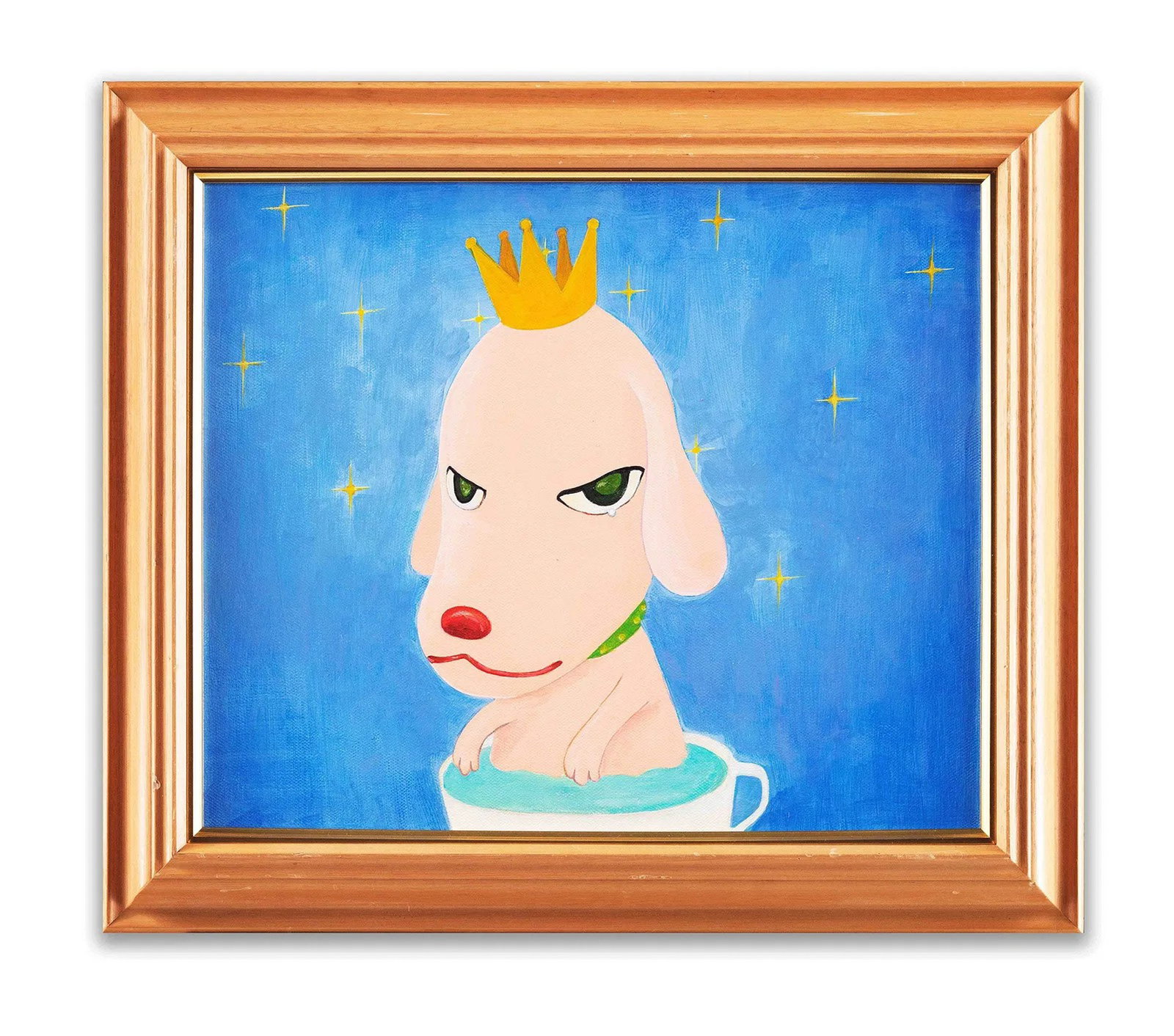 YOSHITOMO NARA (B. 1959), ATTRIBUTED TO, ACRYLIC ON CANVAS: Acrylic on canvas. The painting features a small dog figure with pink tones, arched eyebrows, and tightly pressed lips. The background is blue, contrasting with yellow stars and an orange crown. Cente