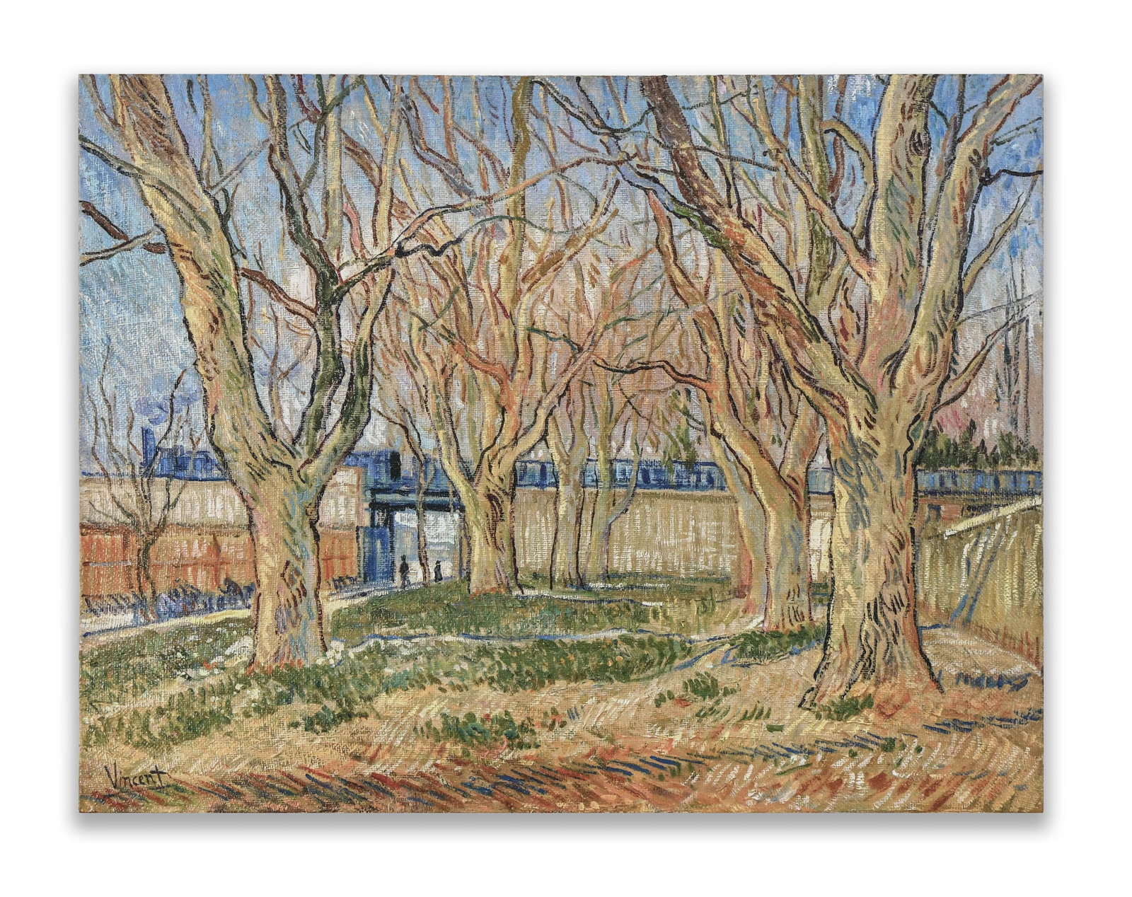 VINCENT VAN GOGH (1853-1890), IN THE STYLE OF, OIL ON CANVAS: Oil on canvas. The painting presents an arrangement of leafless plane trees, their twisting trunks rendered in linear strokes. In the background, a wall and building structures are visible. The palett