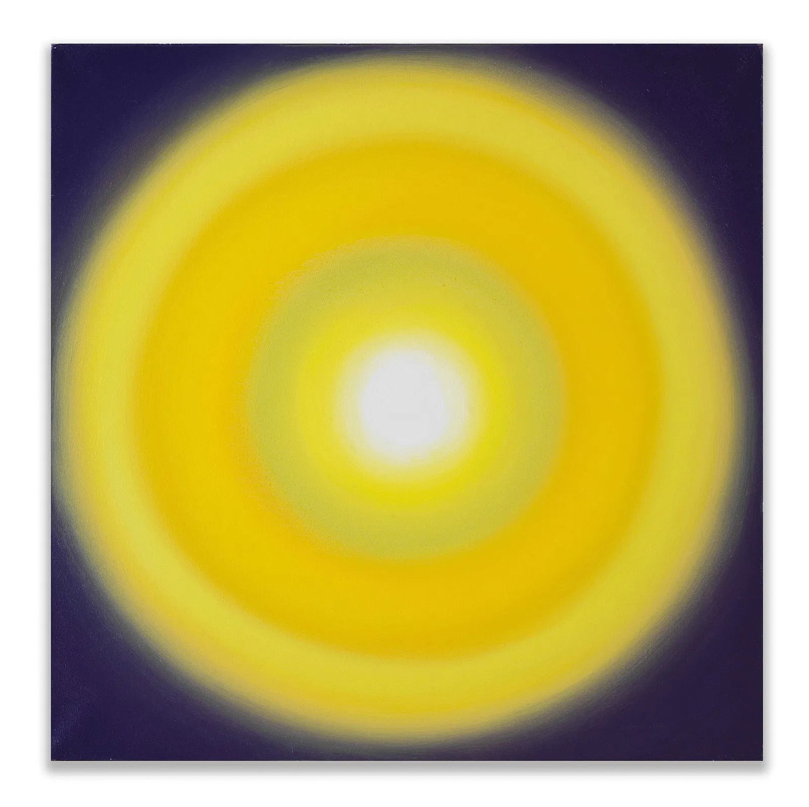 WOJCIECH FANGOR (1922-2015), ATTRIBUTED TO, OIL ON CANVAS: Oil on canvas. The painting features concentric circles with colors gradually spreading out from the center. The warm yellow core area contrasts with the purple surrounding it. Dimensions: Canvas: 96.