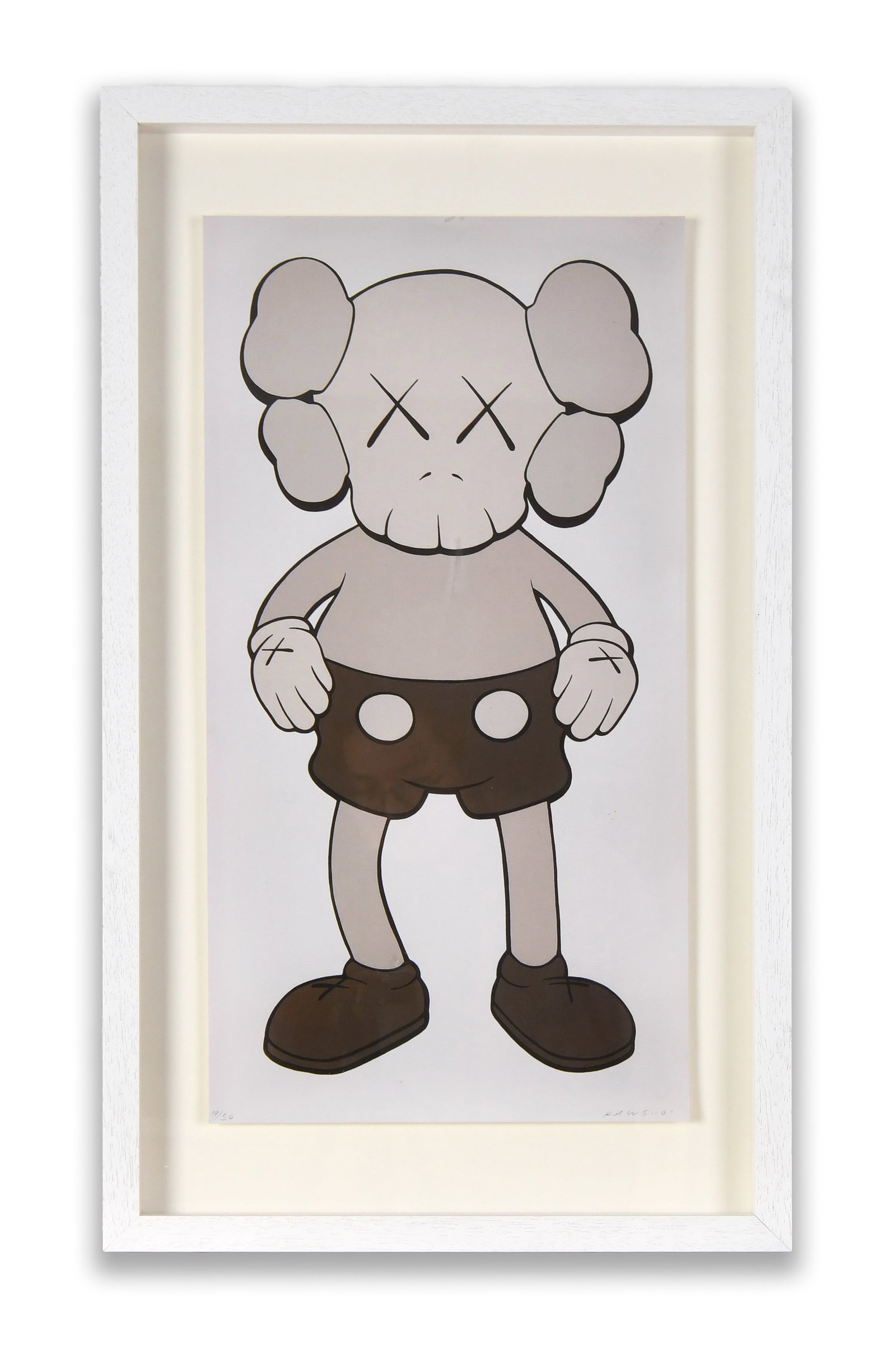KAWS (B. 1974), ATTRIBUTED TO, COMPANION (STANDING FIGURE): The composition features a standing Companion figure rendered in neutral tones. The character is designed with 'X' eyes, rounded gloves, and stylized proportions. Dimensions: Framed: 25 x 70 cm. All m