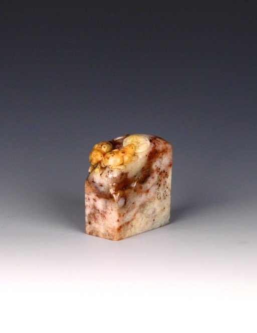 Chinese Soapstone Seal: Chinese soapstone seal, carved two mice and a coin. Height 2" Length 1.75" Width 1" 寿山石印章