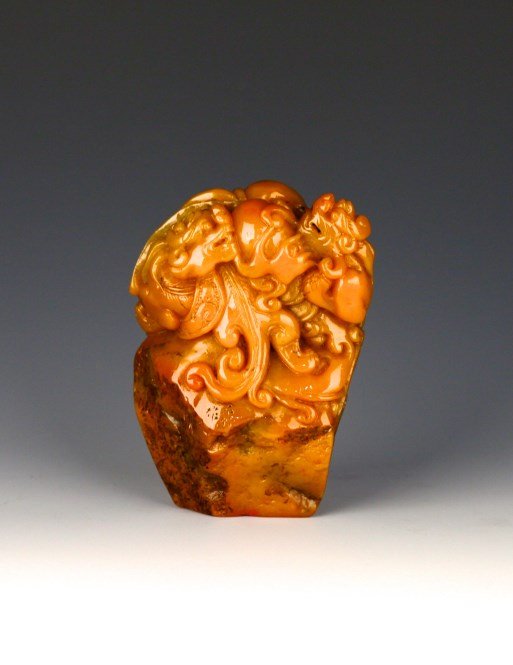 Soapstone Seal: Tianhuang soapstone (Shoushan) stone handling, carving of a dragon roaming freely around the clouds. Height 3.5" Width 2.5" 寿山石印章