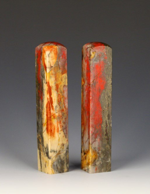 Pair of Ox-blood Soapstone seals: Chinese antique Ox-Blood stone seal, one of them is fractured. Height 4.75" Width 1" 鸡血石印章一对