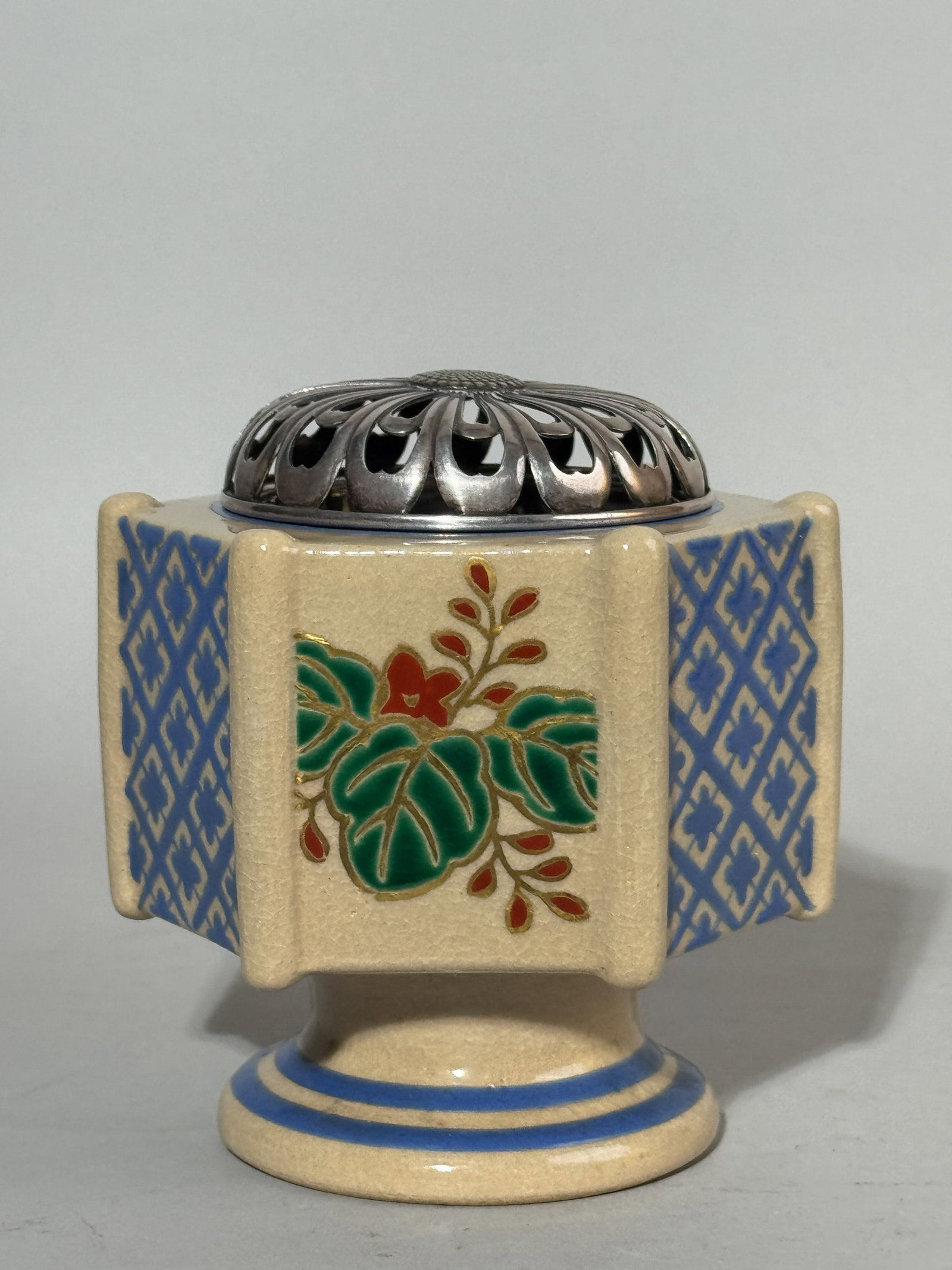 A JAPANESE GOSHU BLUE SATSUMA CENSER WITH SILVER LID (1 of 10)