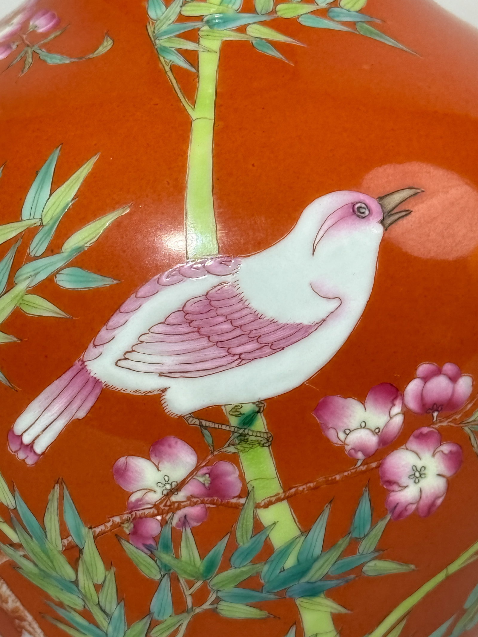 A CHINESE CORAL-RED PORCELAIN VASE WITH BIRD - 4