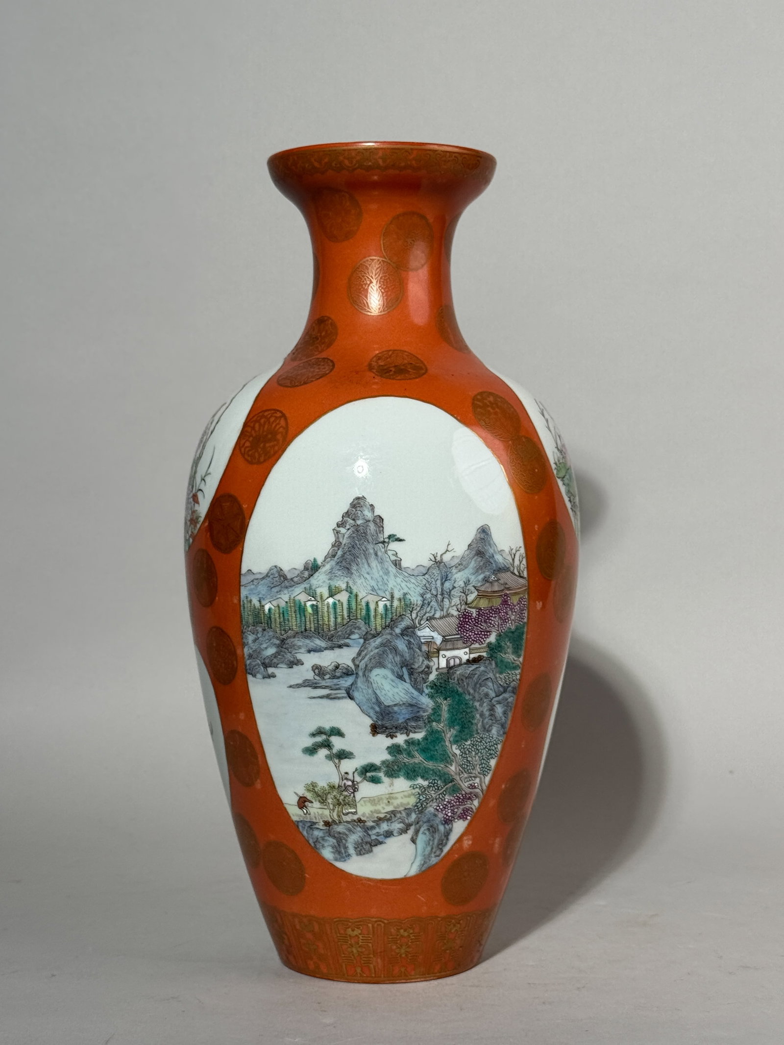 A CHINESE CORAL-RED PORCELAIN VASE WITH LANDSCAPE SCENE (1 of 15)
