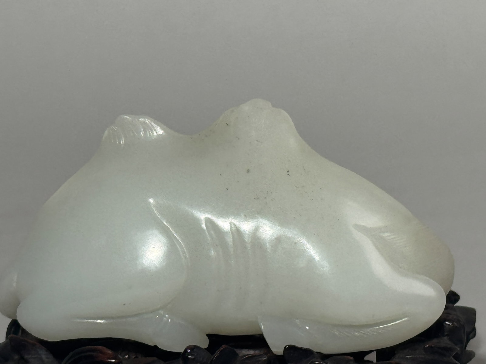 A CHINESE WHITE JADE CAMEL ON FANCY HARDWOOD STAND - 7