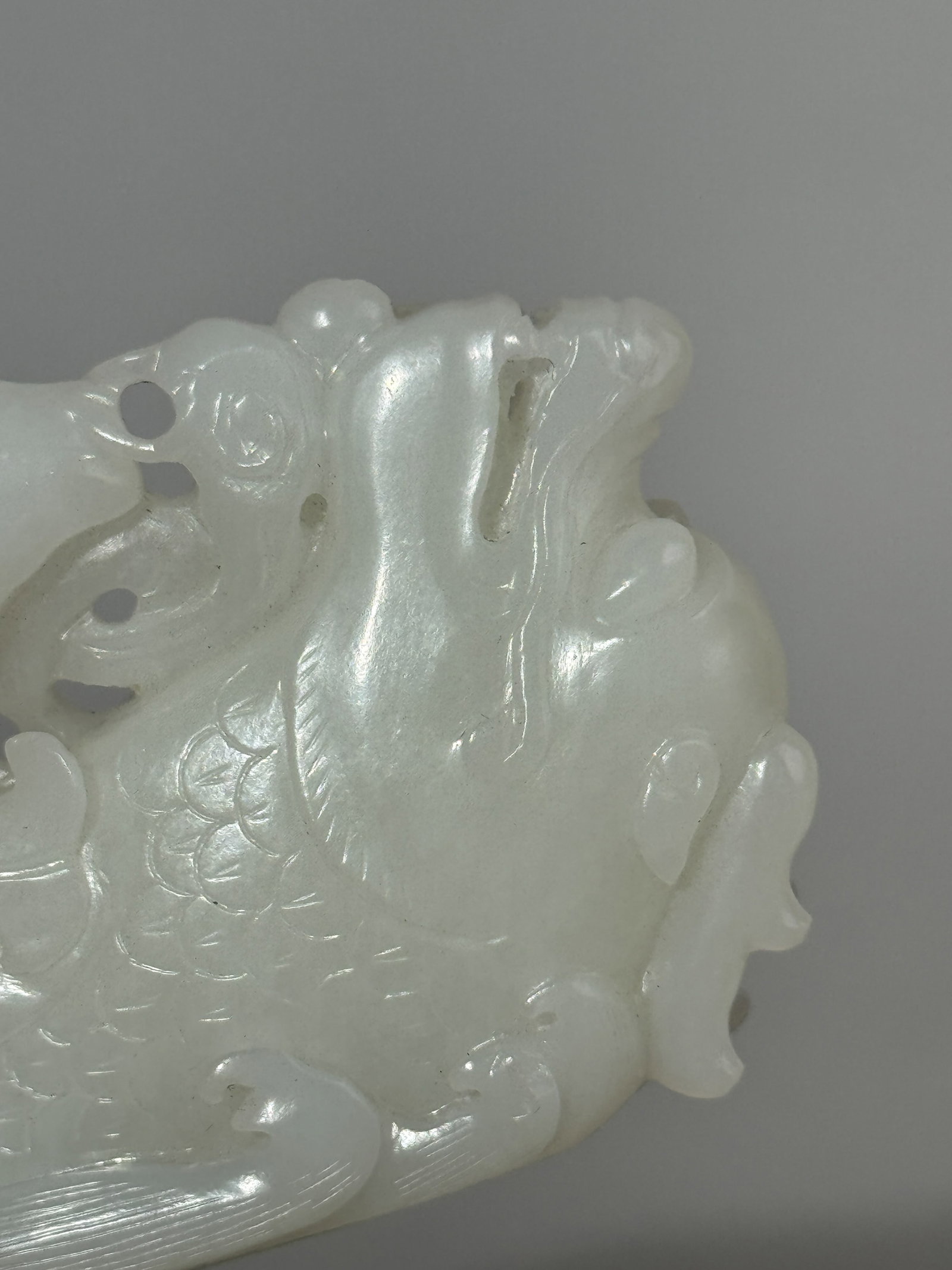 A CHINESE WHITE JADE DRAGON FISH ON SILVER-INLAID WOOD STAND - 4