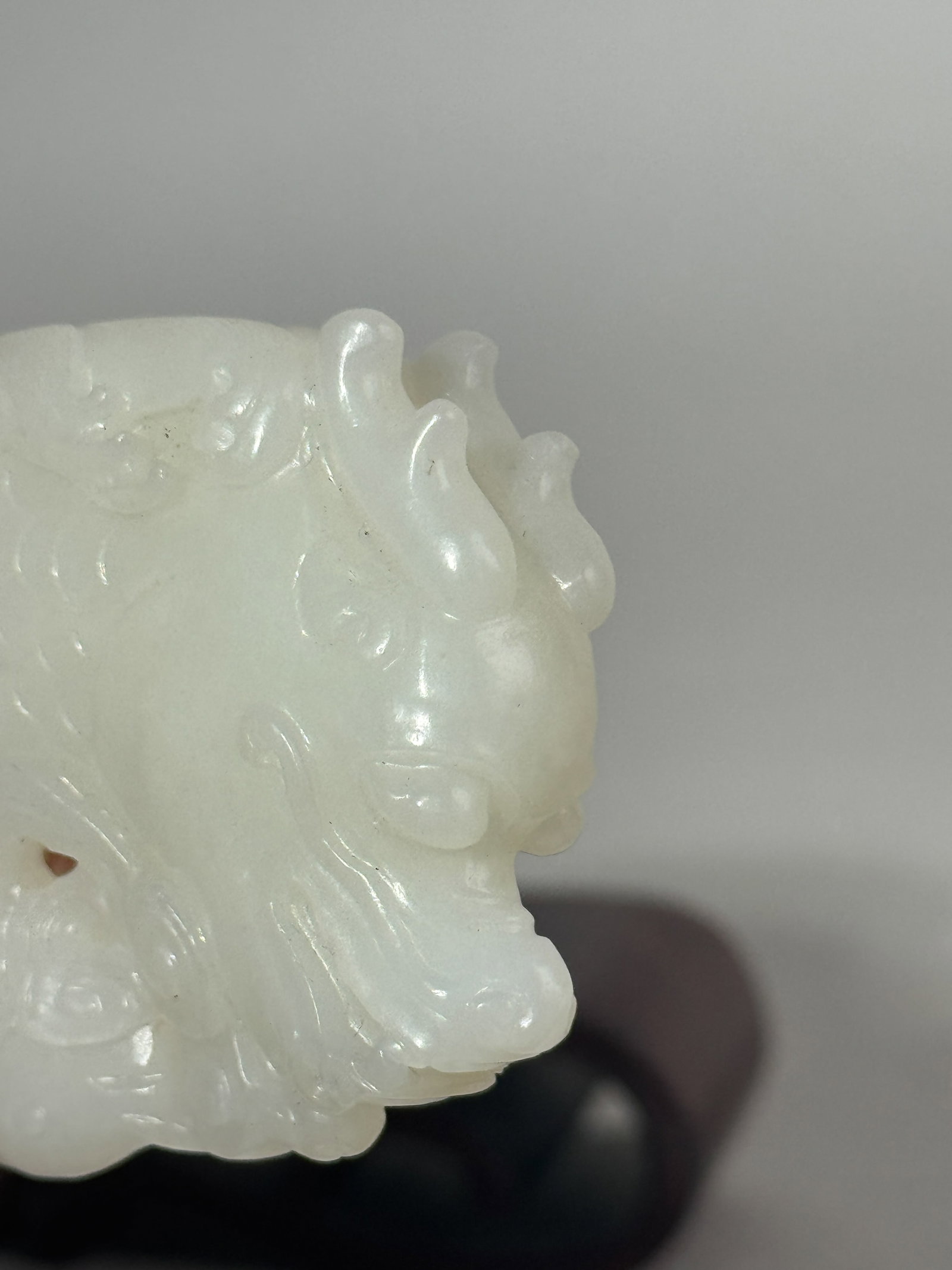 A CHINESE WHITE JADE DRAGON FISH ON SILVER-INLAID WOOD STAND - 6