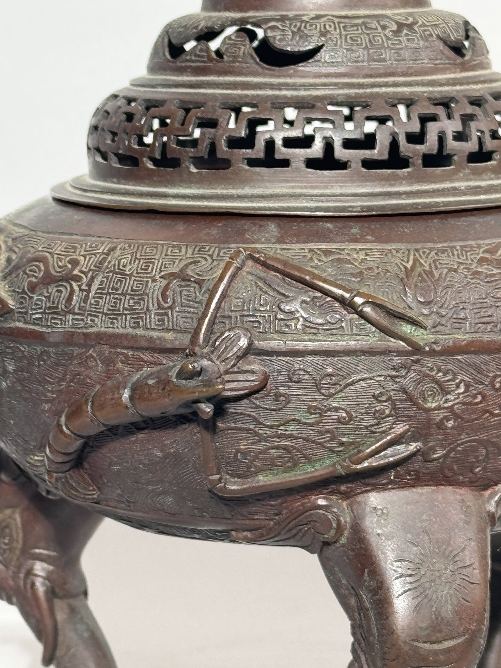CHINESE BRONZE CENSER WITH ELEPHANT HANDLE - 2