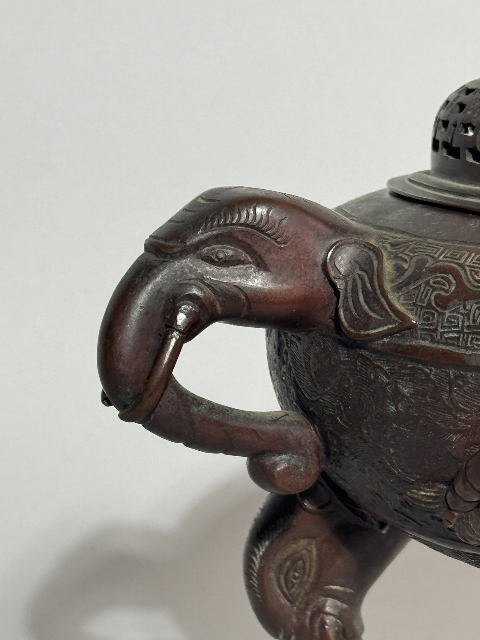 CHINESE BRONZE CENSER WITH ELEPHANT HANDLE - 3