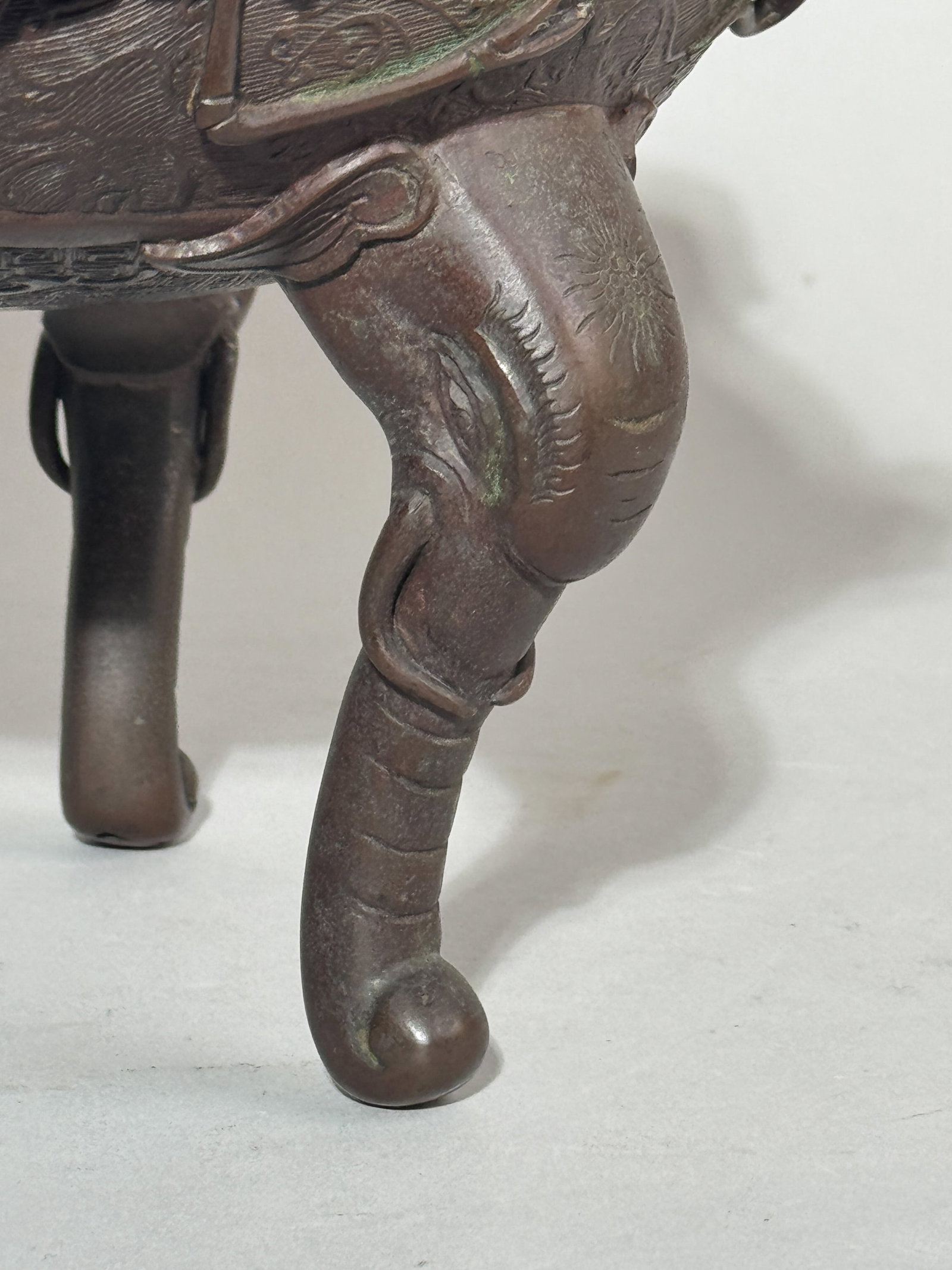 CHINESE BRONZE CENSER WITH ELEPHANT HANDLE - 4