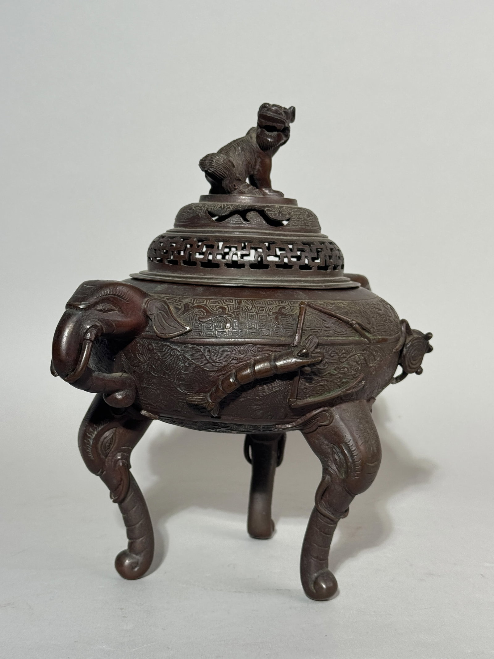 CHINESE BRONZE CENSER WITH ELEPHANT HANDLE - 5