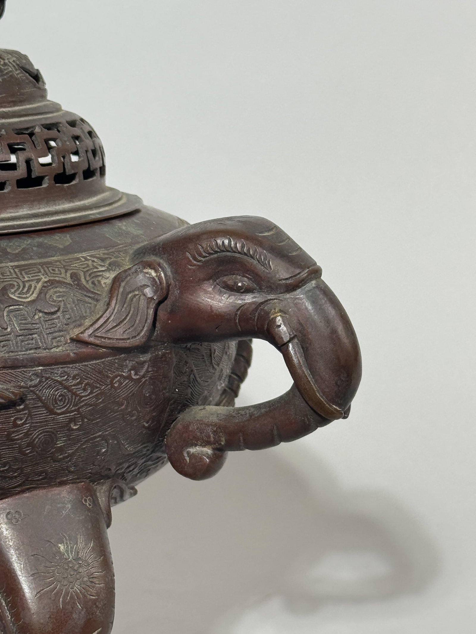 CHINESE BRONZE CENSER WITH ELEPHANT HANDLE - 6