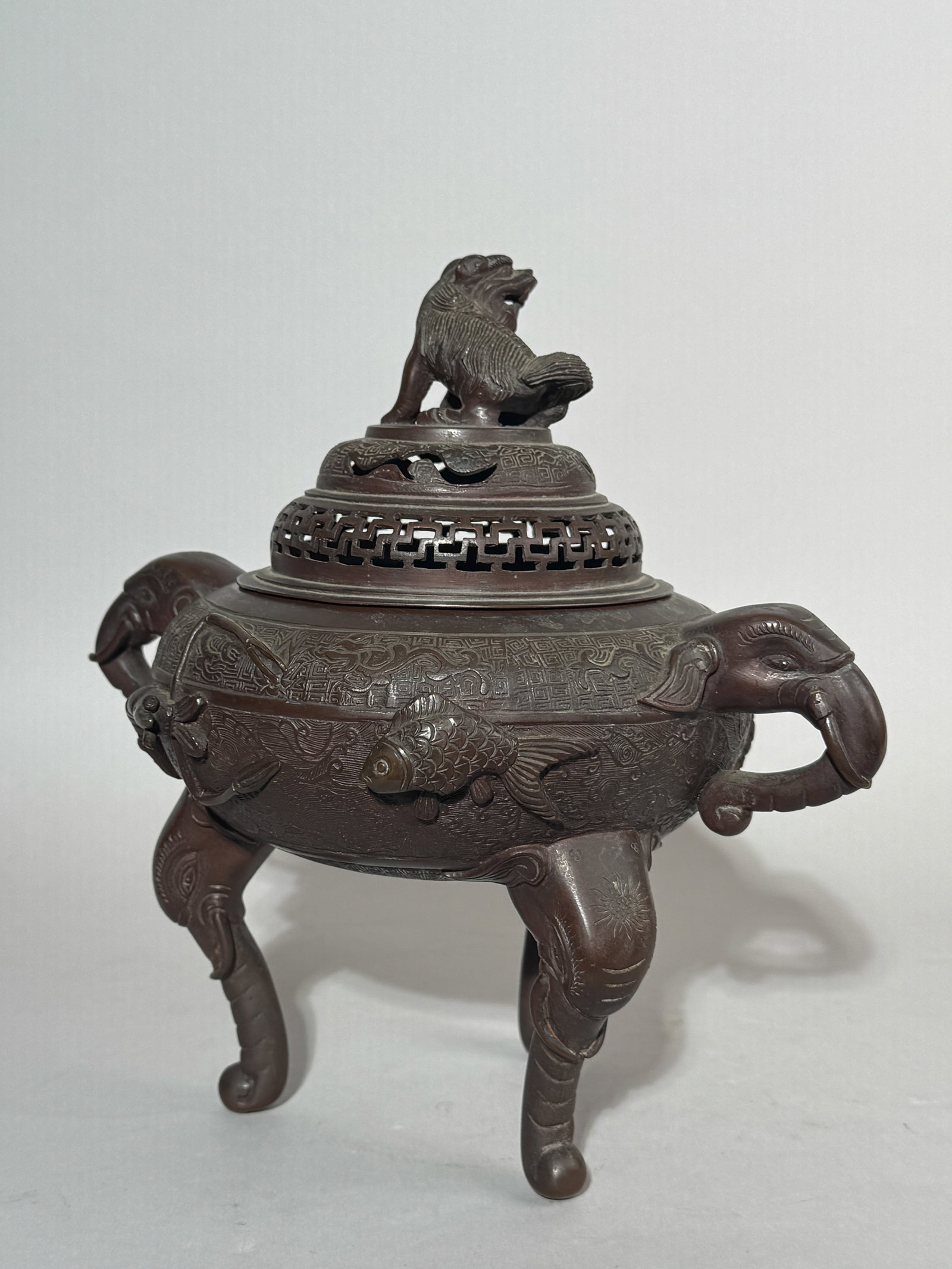 CHINESE BRONZE CENSER WITH ELEPHANT HANDLE - 7