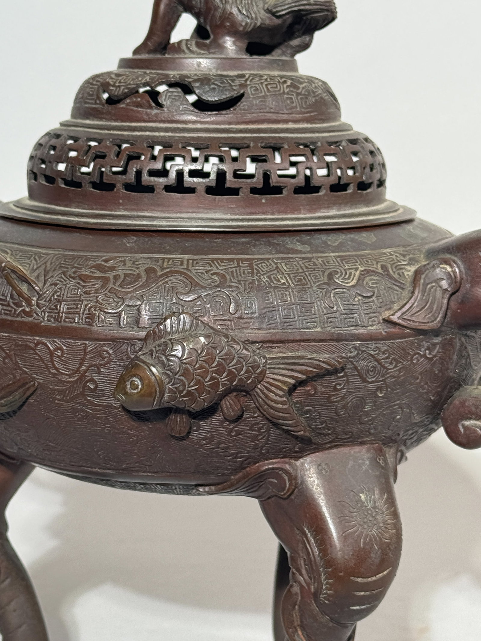 CHINESE BRONZE CENSER WITH ELEPHANT HANDLE - 8