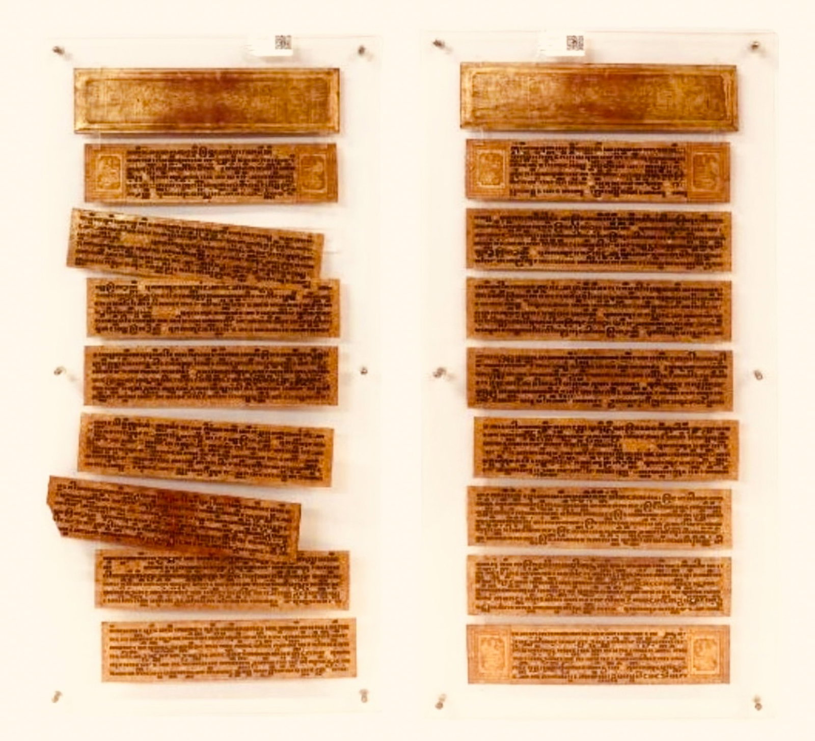 ANTIQUE SOUTHEAST ASIAN LACQUERED WOOD MANUSCRIPT: A Lucite-framed antique Southeast Asian lacquered wood temple manuscript. Dimensions: Width: 27 in. (68.6 cm); Height: 55.5 in. (141 cm). Note: This item is in New York, where it can be shipped from.