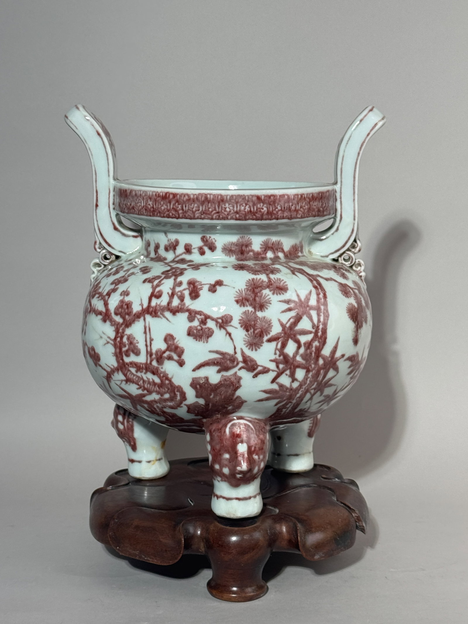 CHINESE COPPER-RED PORCELAIN TRIPOD CENSER ON HARDWOOD BASE (1 of 14)