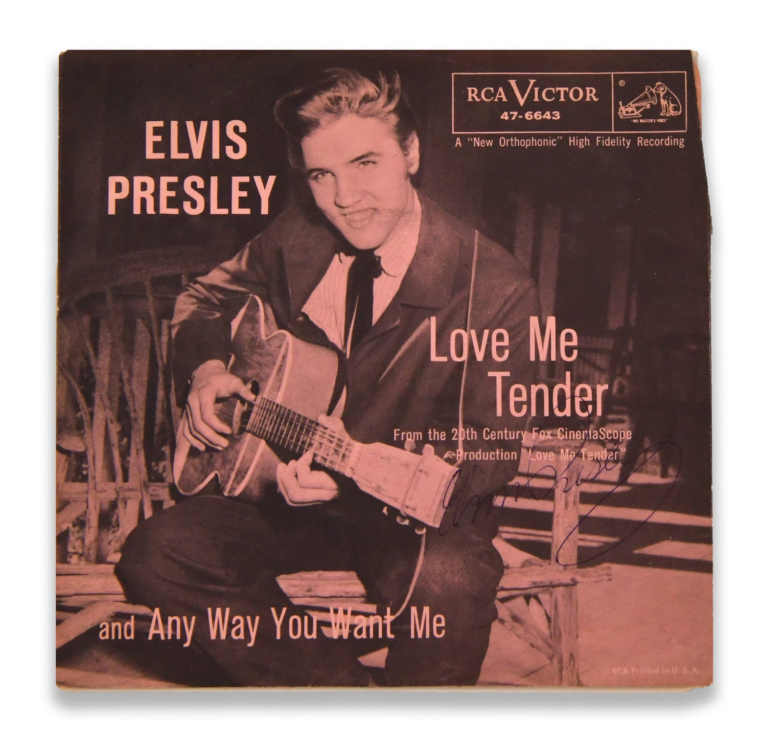 ELVIS PRESLEY, SINGLE DISPLAY "LOVE ME TENDER", BEARING SIGNATURE (1 of 5)