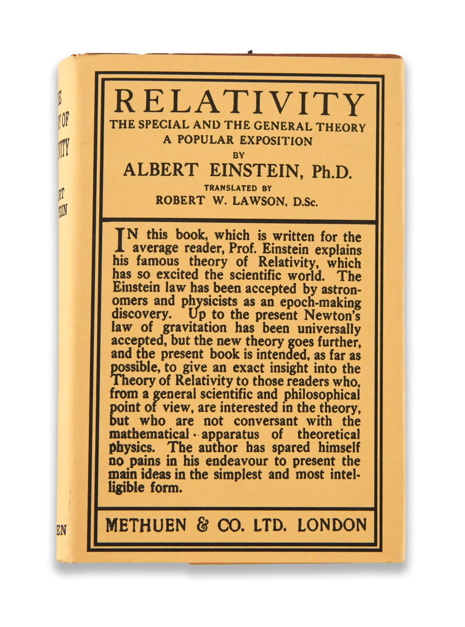 ALBERT EINSTEIN, BOOK "RELATIVITY: THE SPECIAL AND THE GENERAL THEORY", BEARING SIGNATURE (1 of 4)