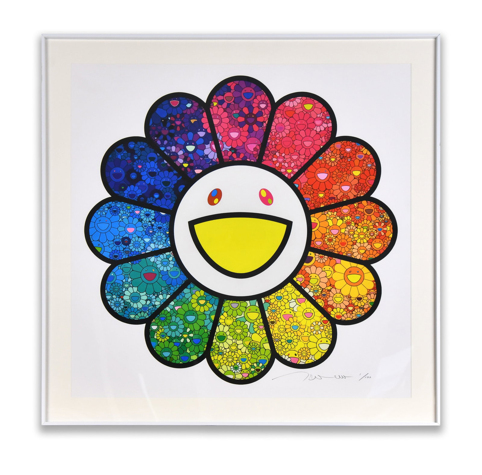 TAKASHI MURAKAMI, ATTRIBUTED TO, MULTICOLOR FLOWER, DECORATIVE PRINT: The artwork presents a centrally positioned smiling flower rendered in bold black outlines and filled with a spectrum of colors arranged in a radial gradient. Each petal contains densely packed