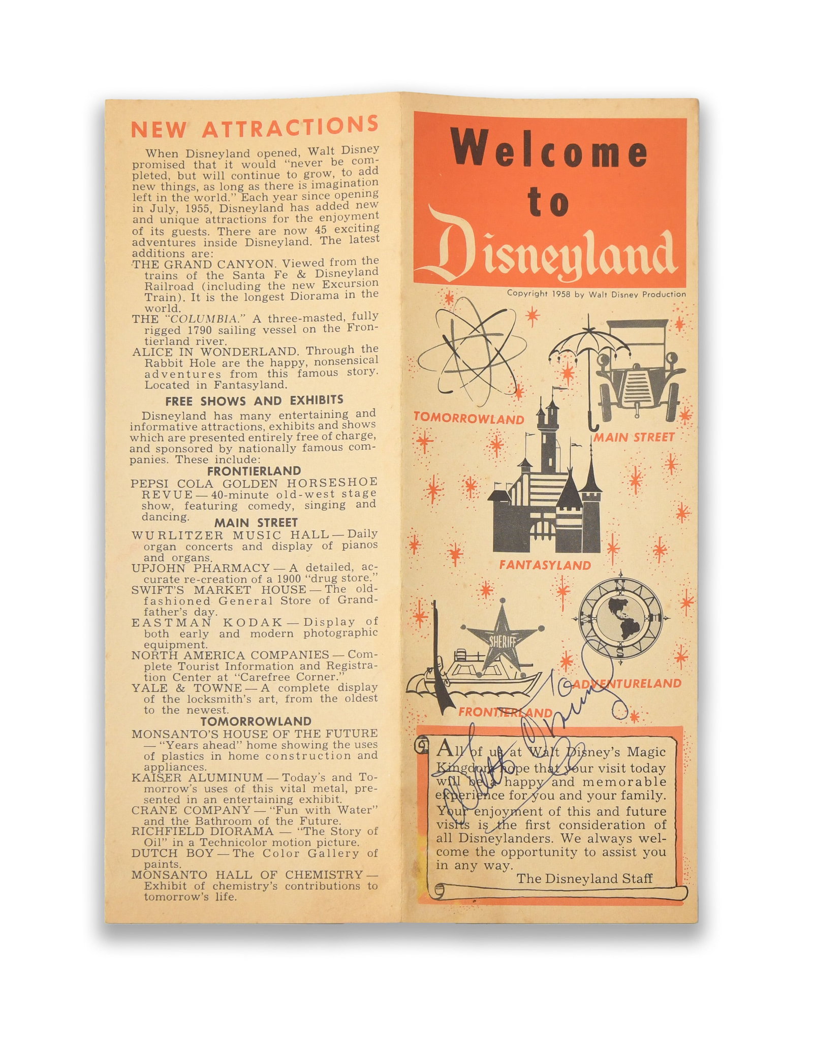 WALT DISNEY, BROCHURE "WELCOME TO DISNEYLAND", BEARING SIGNATURE: The brochure features the 'Welcome to Disneyland' design alongside illustrated representations of the park's themed lands. The interior panel bears an ink mark in the name of Walt Disney. The paper