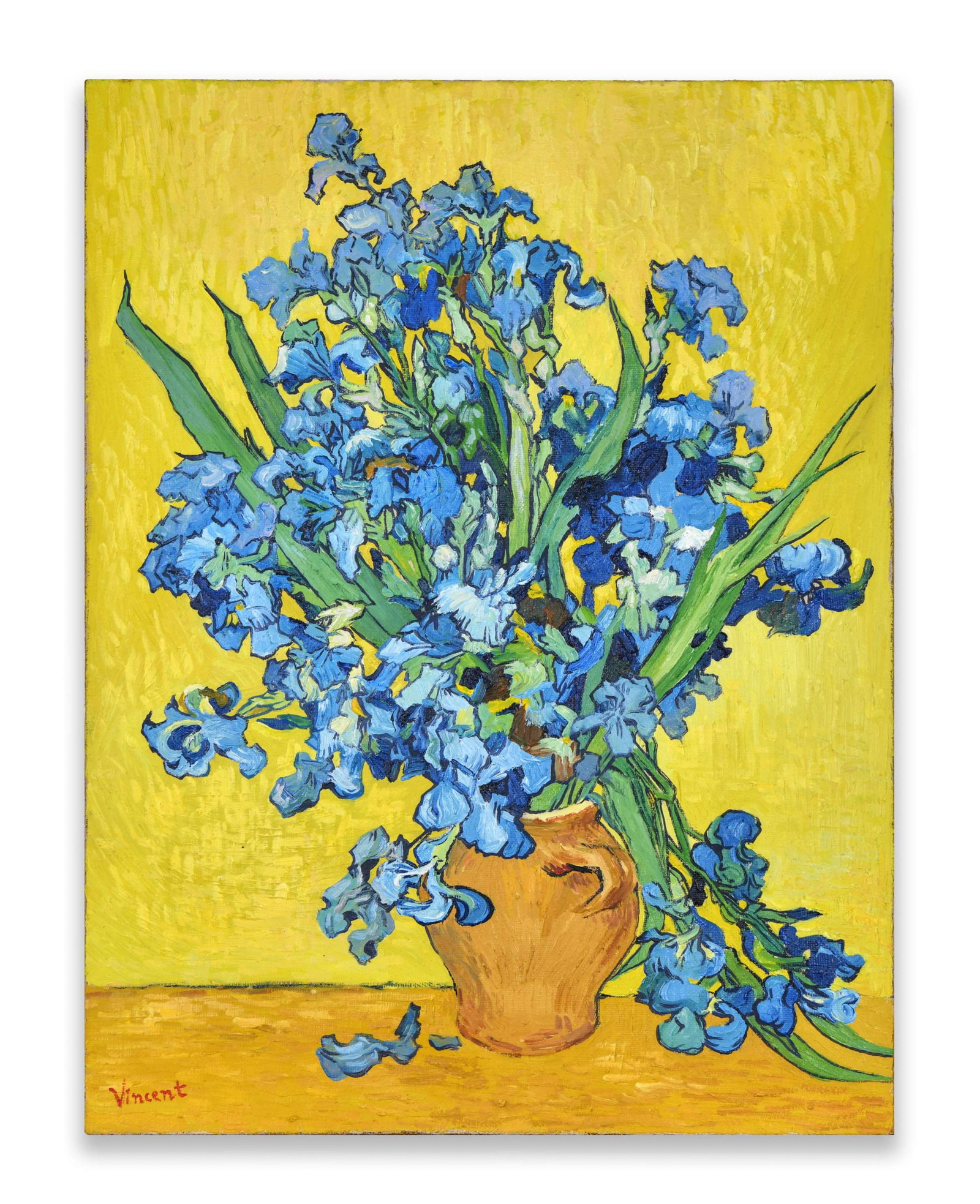 VINCENT VAN GOGH, IN THE STYLE OF, OIL ON CANVAS: The work presents a vibrant still-life composition depicting a dense bouquet of blue irises arranged within an ochre-toned earthenware vase placed upon a flat surface, set against a yellow background.
