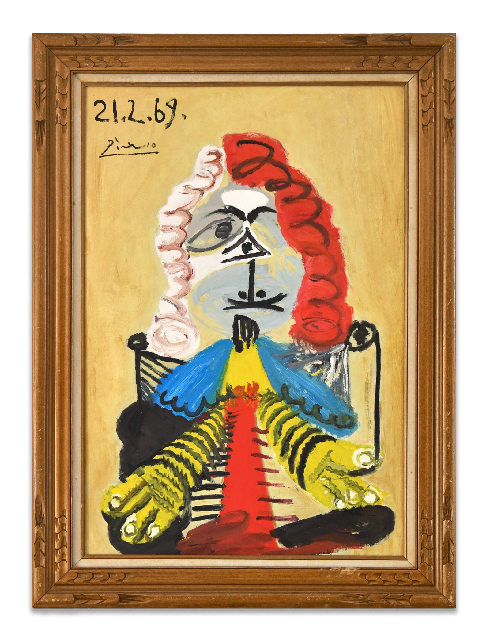 PABLO PICASSO, IN THE STYLE OF, OIL ON CANVAS: The painting depicts a seated figure rendered through contour lines and contrasting colors. The figure features a mask-like face, asymmetrical eyes, and exaggerated hands. The palette is dominated by 