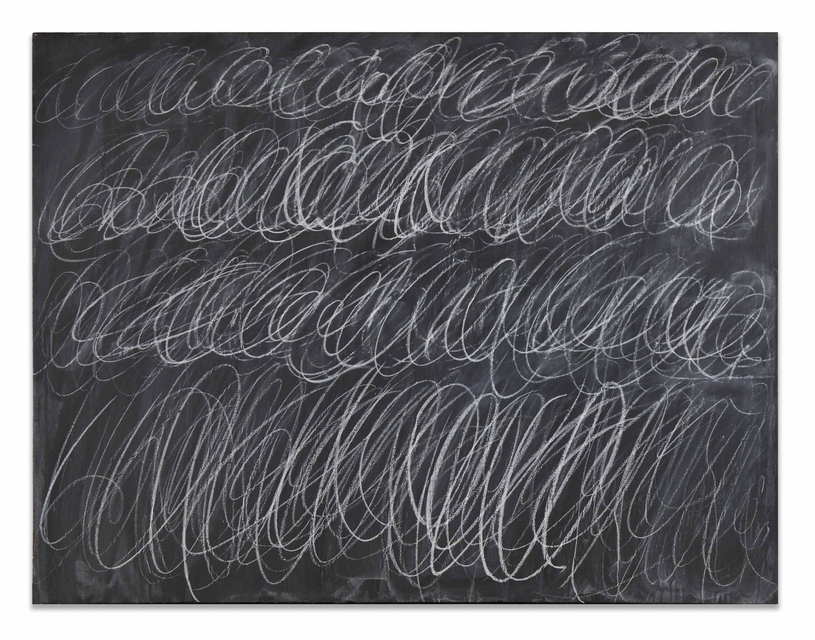 CY TWOMBLY, IN THE STYLE OF, ACRYLIC ON CANVAS: The composition consists of dense, looping white linear marks executed across a dark ground, forming rhythmic, calligraphic bands that traverse the surface horizontally. Dimensions: Image: 89 x 111.5 