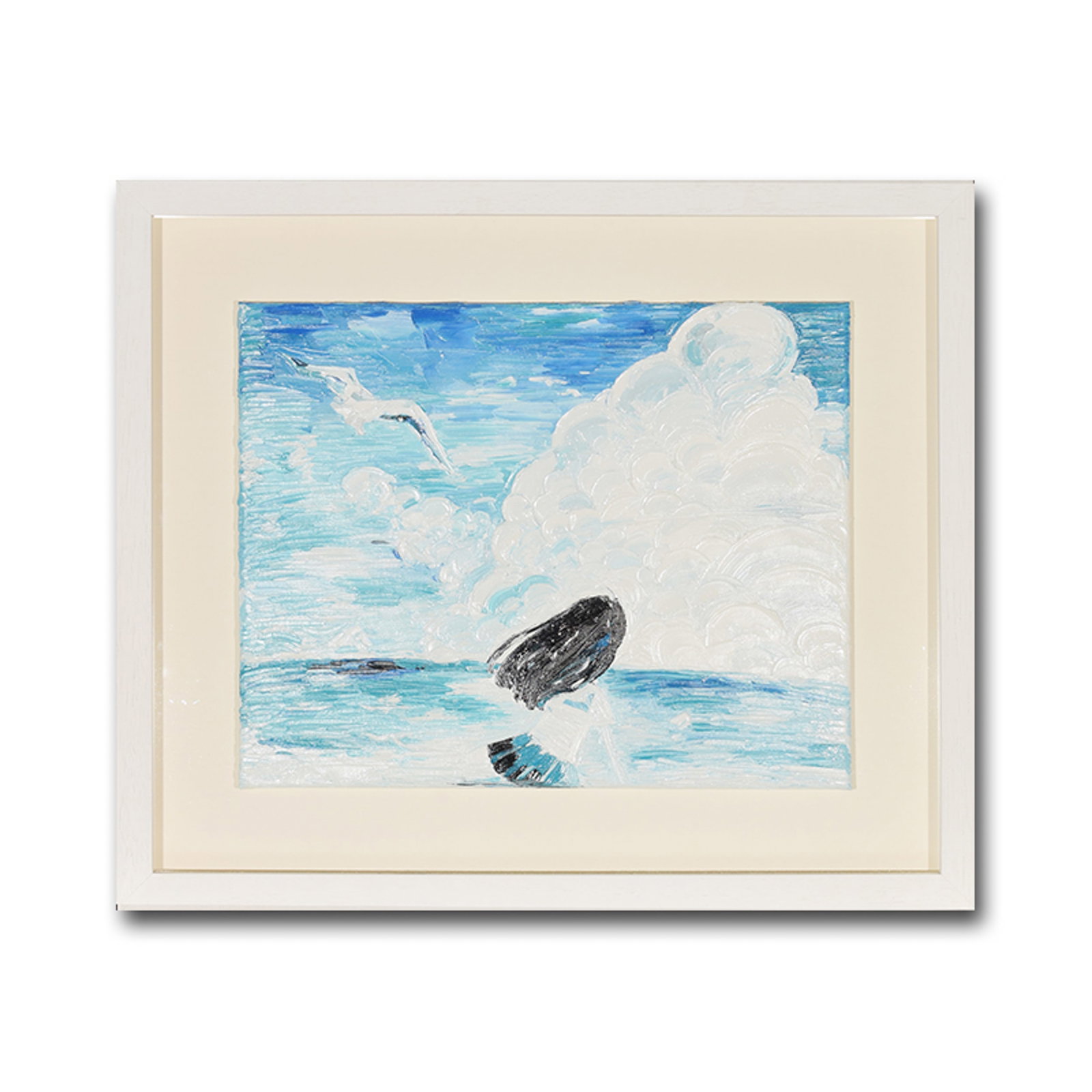 MIFUU ODA, ATTRIBUTED TO, ACRYLIC ON CANVAS: The composition depicts a small figure beside a blue seascape beneath broad clouds, rendered with pale washes. The figure is placed against a luminous horizon. Dimensions: Image: 49 x 40 cm. All measu
