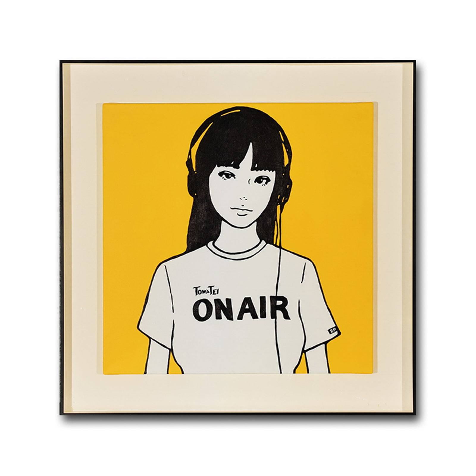 KYNE, ATTRIBUTED TO, ACRYLIC ON CANVAS: A young woman in a white shirt marked 'Tokyo ON AIR' is rendered against a bright yellow ground. The composition relies on black outlines, flat color, and the use of negative space within a square for