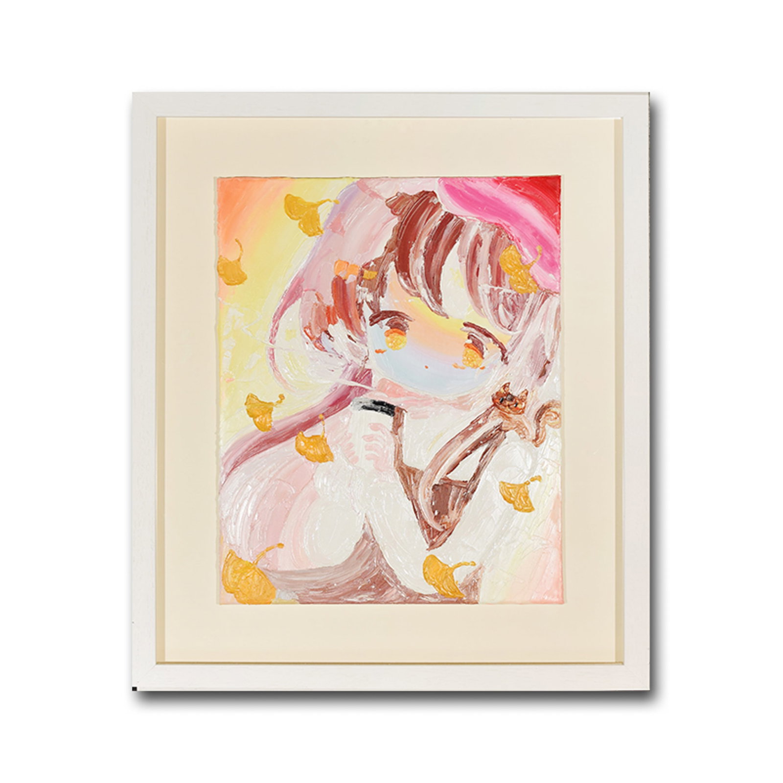 MIFUU ODA, ATTRIBUTED TO, ACRYLIC ON CANVAS: The composition centers on a young girl rendered in soft pink, yellow, and red tones, her figure emerging from a bright, airy field. The surface combines loose painterly marks with a stylized characte