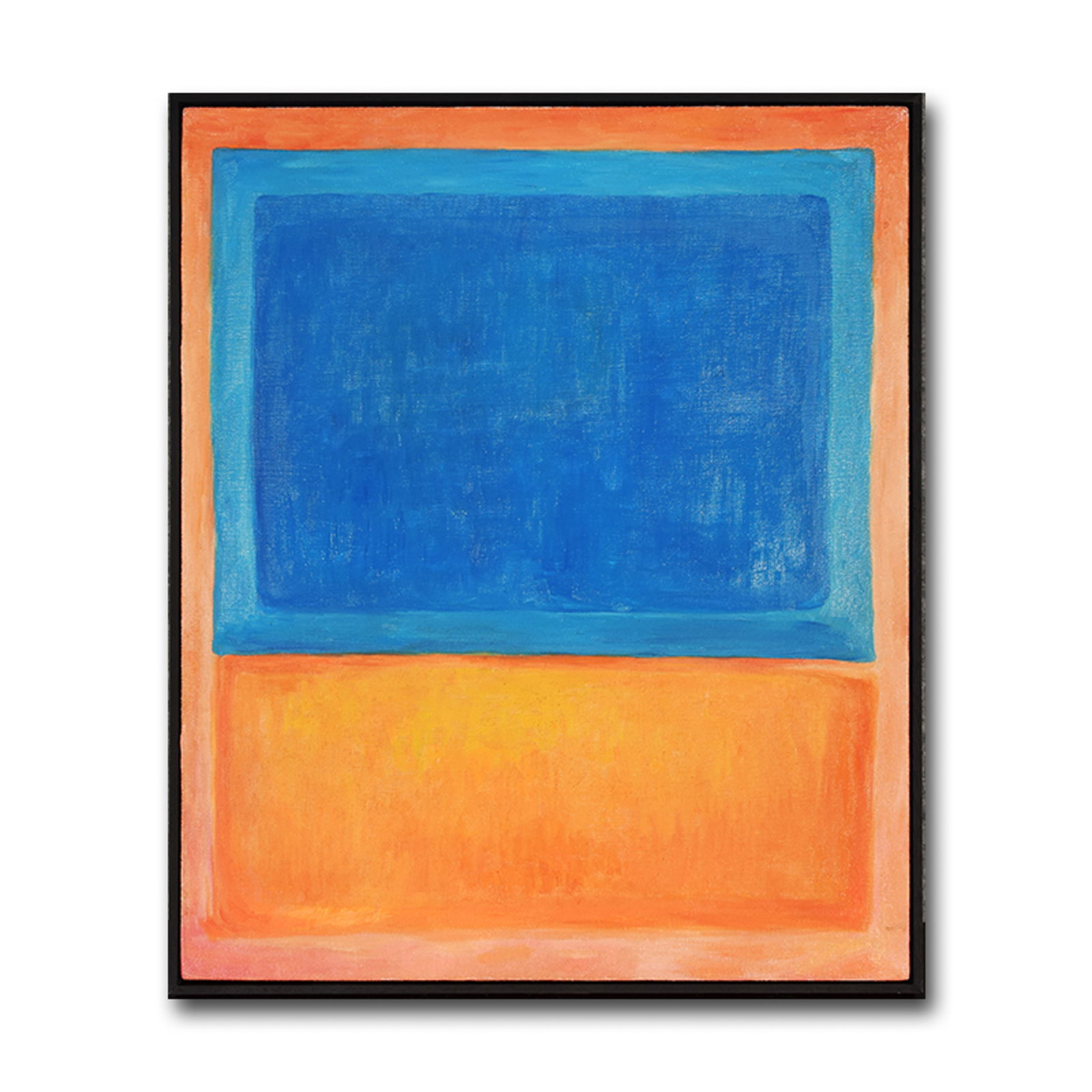 MARK ROTHKO, IN THE STYLE OF, OIL ON CANVAS: The painting is organized around two floating rectangular fields, a saturated blue upper register above a warm orange lower register. The fields feature softly feathered edges and subtle tonal variati