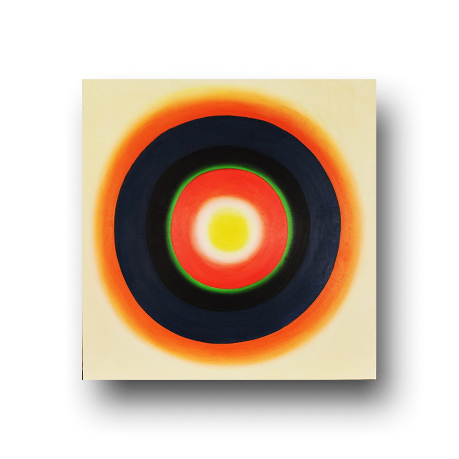 WOJCIECH FANGOR, IN THE STYLE OF, OIL ON CANVAS: The painting presents concentric rings of yellow, red, green, blue, and black radiating from a luminous central core. Dimensions: Image: 102 x 99 cm. All measurements are approximate.