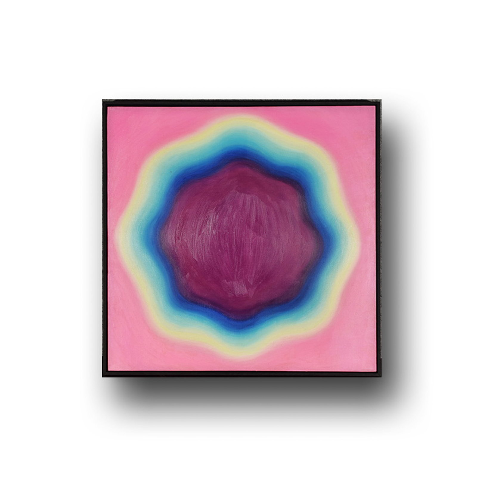 WOJCIECH FANGOR, IN THE STYLE OF, OIL ON CANVAS: A rose-pink field surrounds a central purple form encircled by radiating blue, yellow, and green halos with soft edges. Dimensions: Image: 60 x 60 cm. All measurements are approximate.