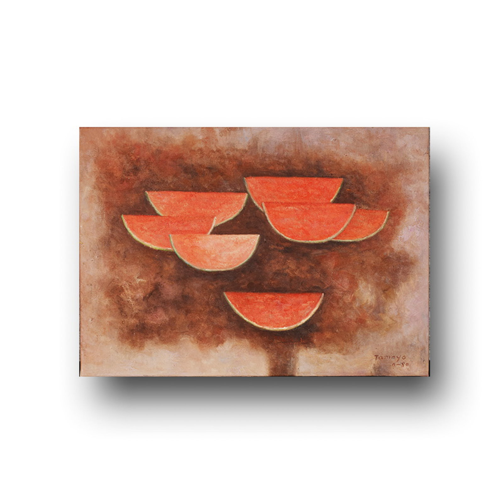 RUFINO TAMAYO, IN THE STYLE OF, OIL ON CANVAS: Several red bowl-like forms are arranged against a mottled brown ground, their simplified silhouettes creating a rhythmic still-life structure. The composition relies on earthy tonal contrast and roug