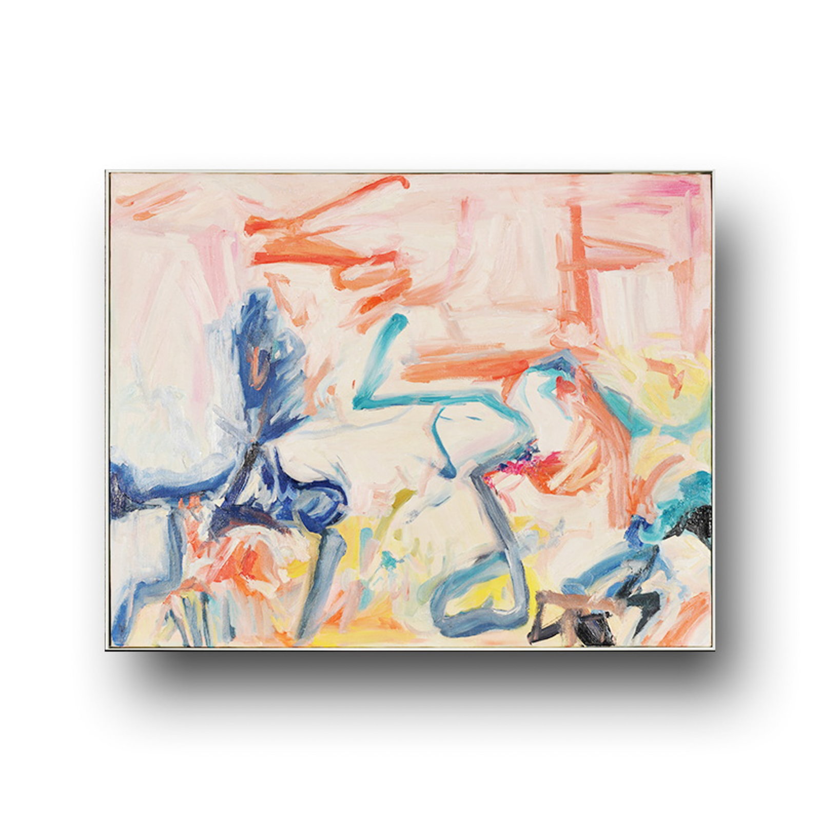 WILLEM DE KOONING, IN THE STYLE OF, OIL ON CANVAS: The composition is animated by sweeping strokes of blue, orange, pink, and white across a pale ground, with forms emerging through painterly movement. Dimensions: Image: 60 x 77 cm. All measurements a