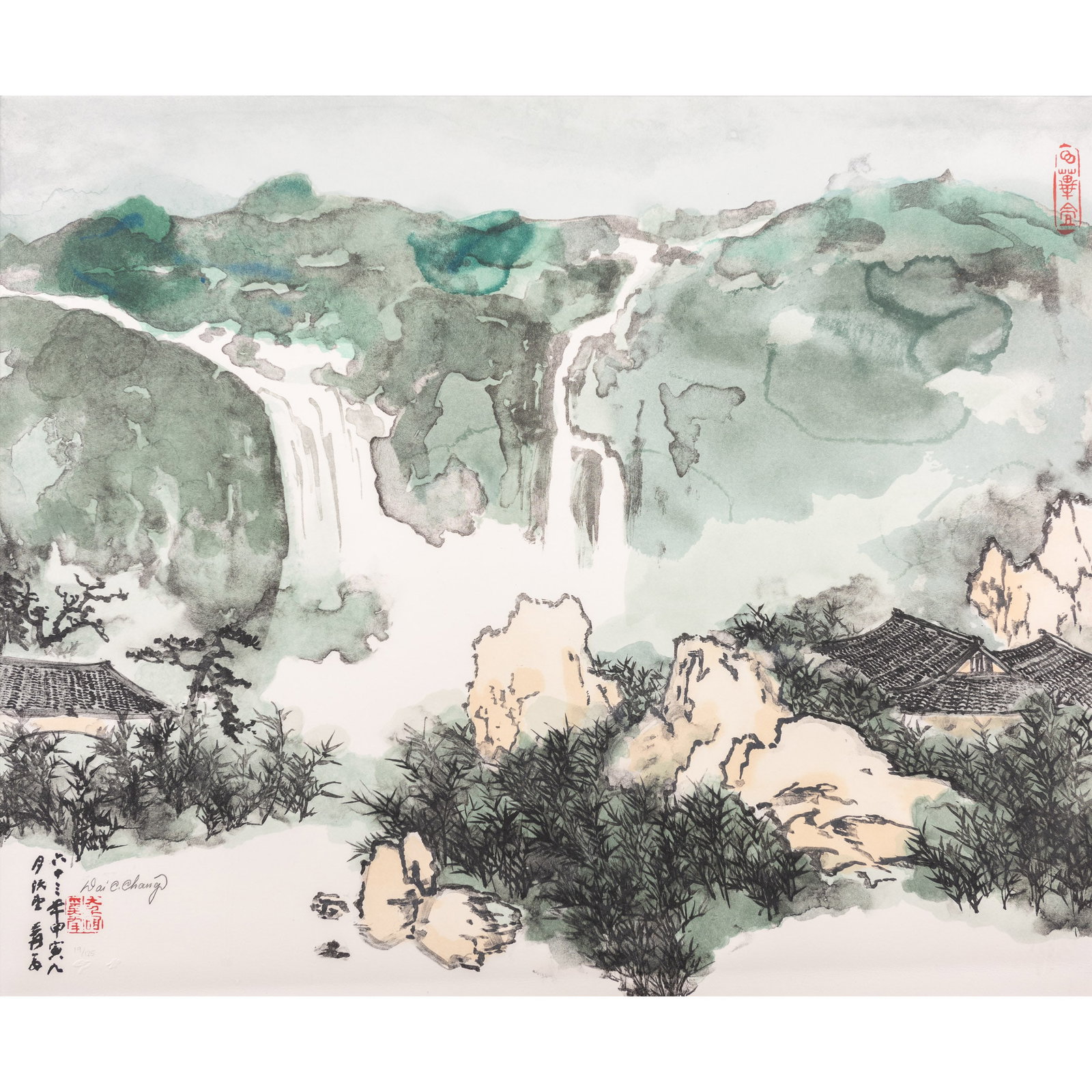 Zhang Daqian (1899 - 1983) - Landscape: Zhang Daqian (1899 - 1983) , Landscape, lithography signed by Zhang Daqian with a serial number 19/125, mounted and framed. 24""h x 28.5"" (61 x 72.5 cm)