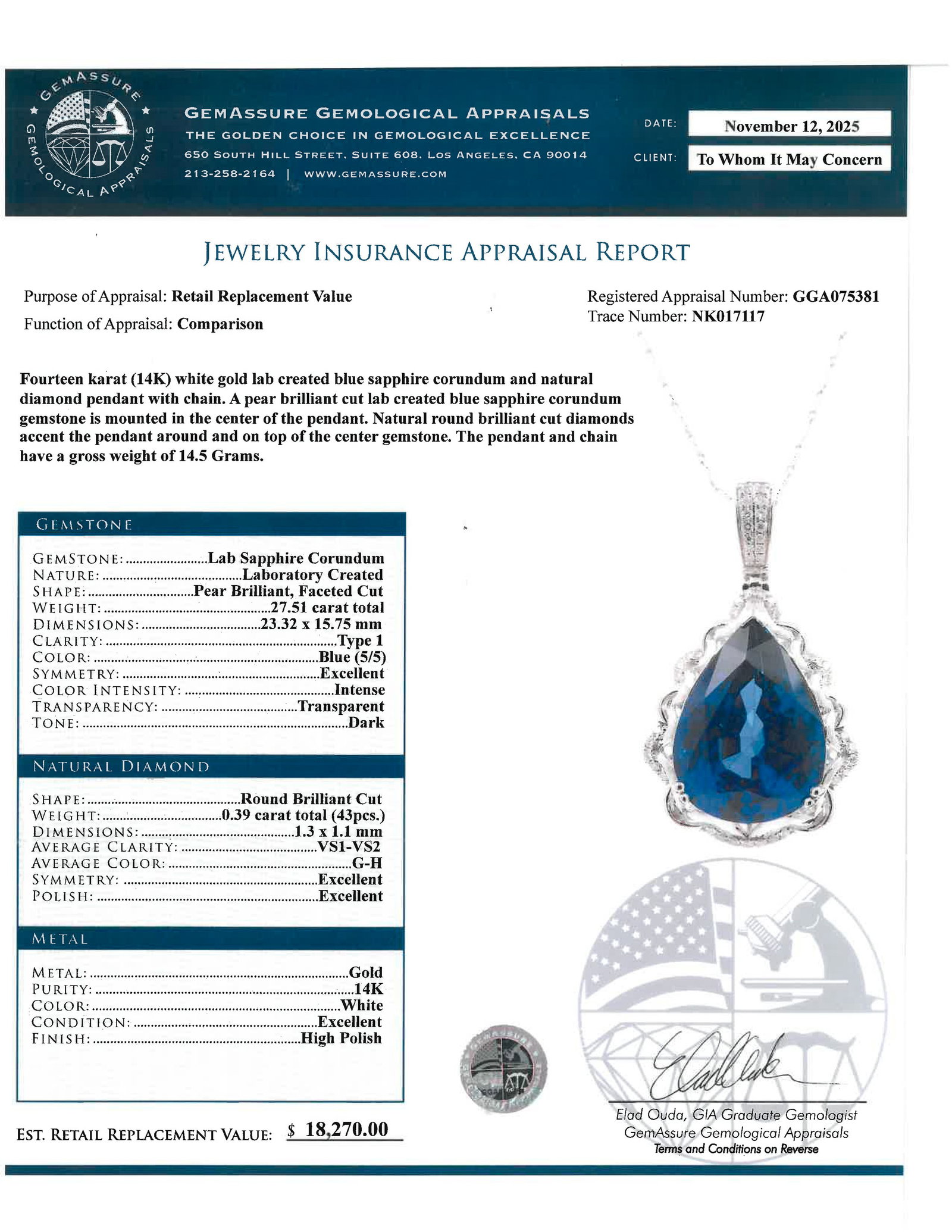 14K Gold, Lab Sapphire and Diamond Necklace with GGA Report - 8