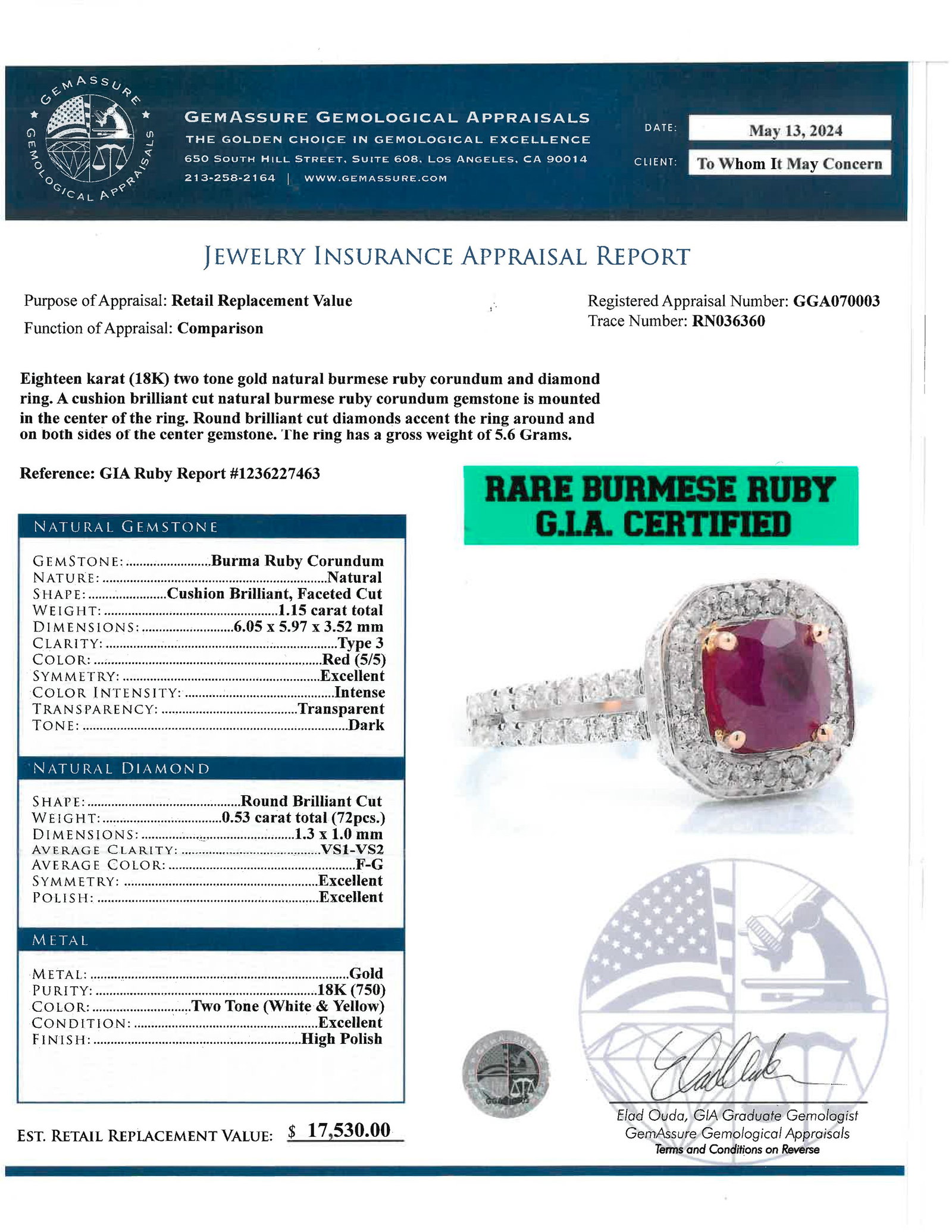 18K Gold, Burma Ruby and Diamond Ring with GGA&GIA - 6