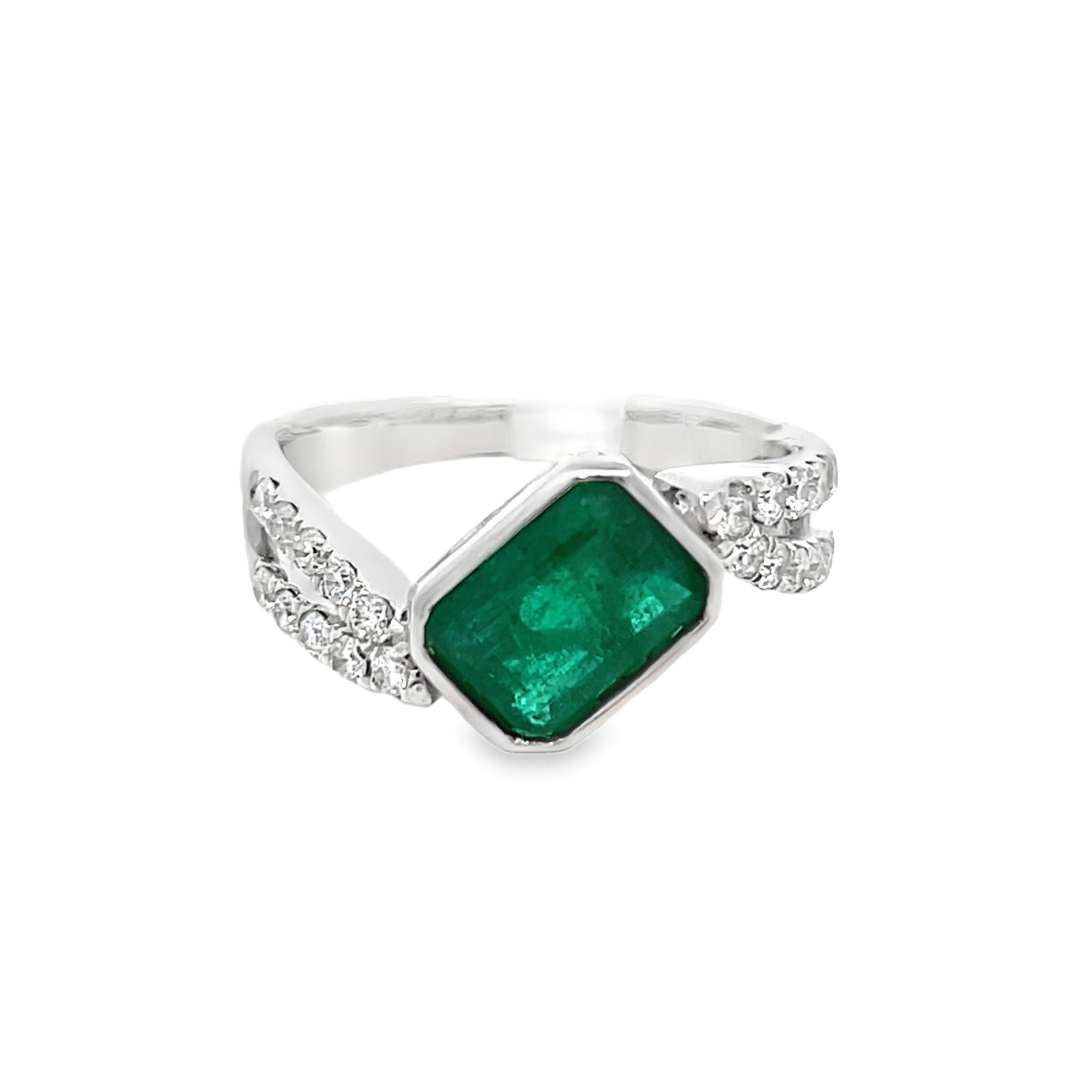 Platinum, Emerald and Diamond Ring with GGA Report: Platinum, Emerald and Diamond Ring with GGA Report. 6.5 grams platinum ring set with 0.39 carats of diamonds and 1.59 carats emerald. Size: 7