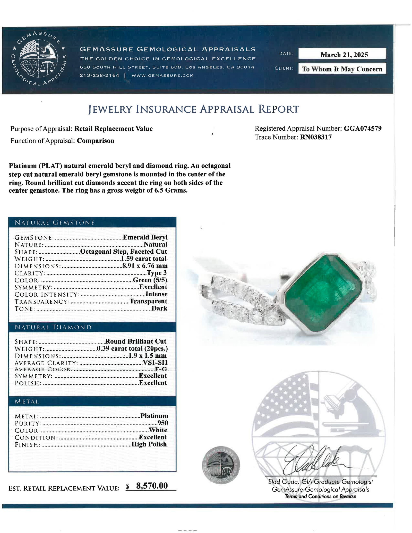Platinum, Emerald and Diamond Ring with GGA Report - 6