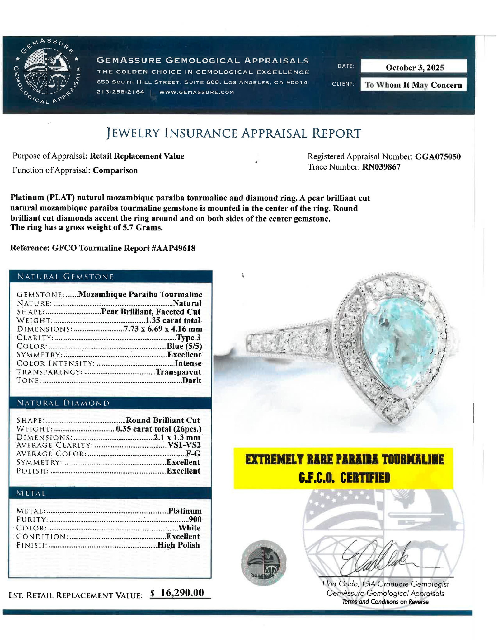 Platinum, Tourmaline and Diamond Ring with GGA & GFCO - 5