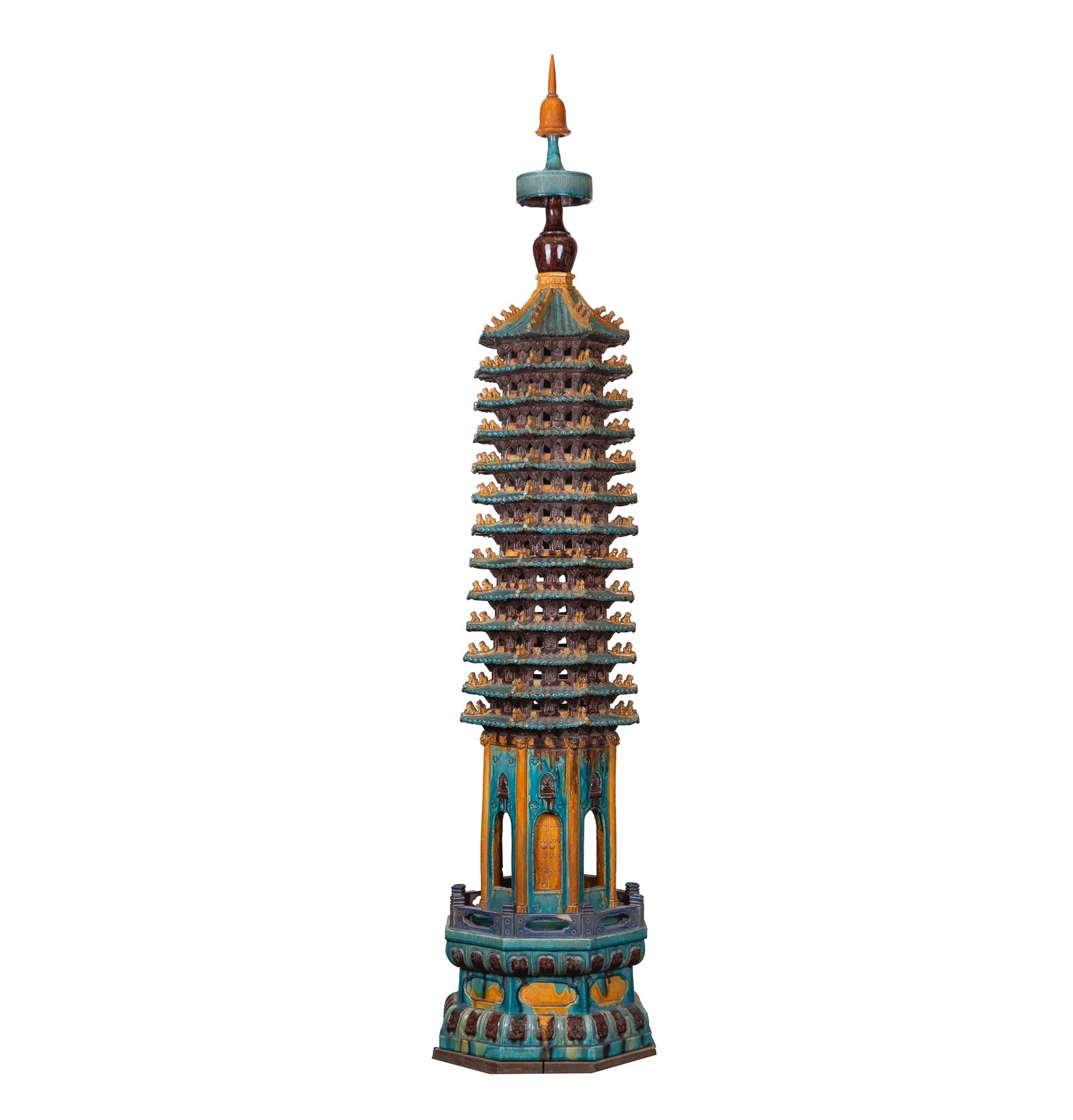 Large Chinese Fahua Glazed Porcelain Buddhist Pogoda: Large Chinese porcelain Buddhist pogoda with 12 layers and a porcelain lotus designed stand. 78.74"h x 16.93"w (200 x 43 cm)