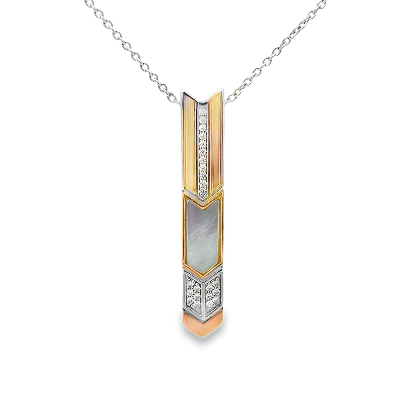A TI SENTO MOTHER OF PEARL, DIAMOND AND GOLD-PLATED SILVER PENDANT NECKLACE: A TI SENTO mother of pearl, diamond and gold-plated silver pendant necklace. L24 cm (x2); 4 x 0.5 cm; Overall 7 grams.